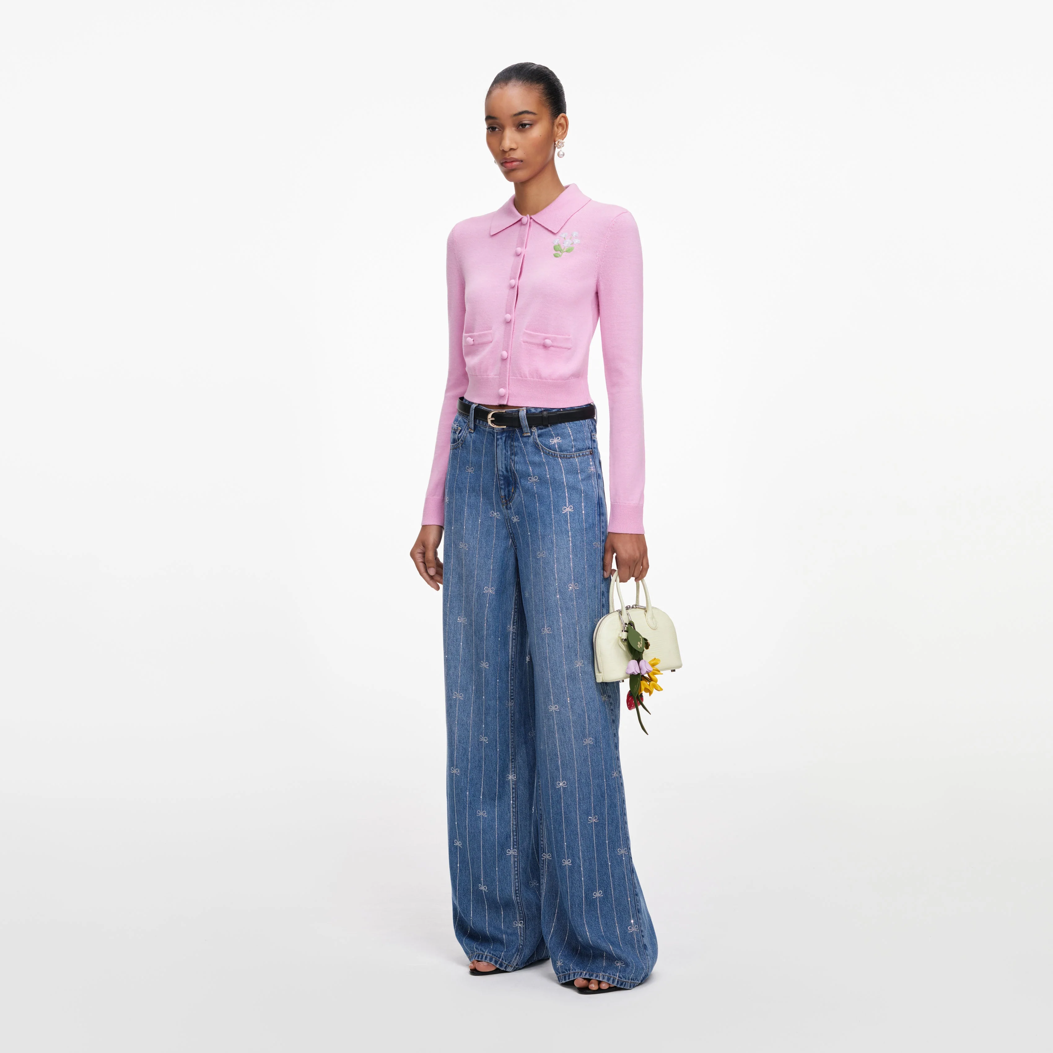 Pink Flower Embroidered Knit Cardigan - Image 2