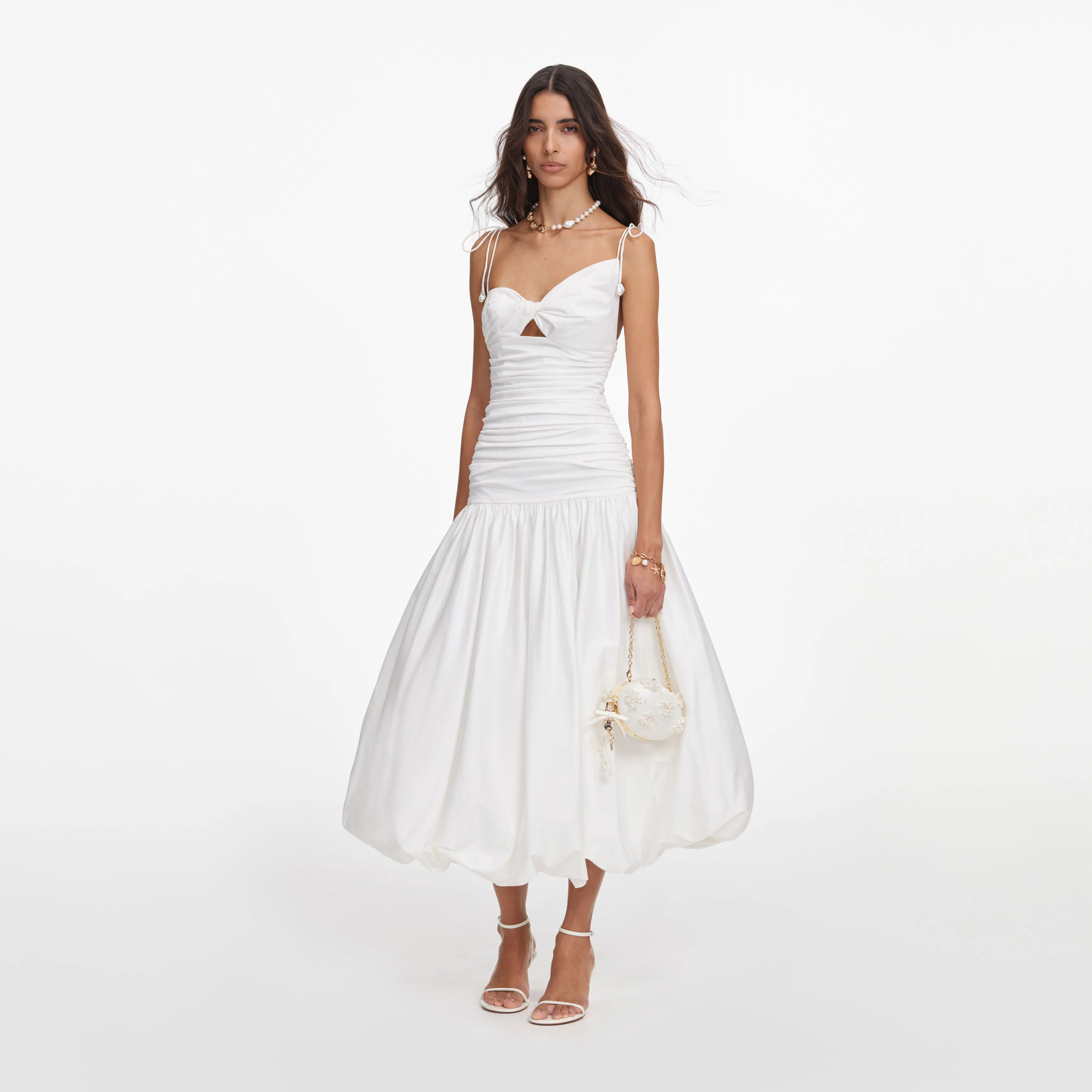 White Cotton Gathered Midi Dress - Image 2