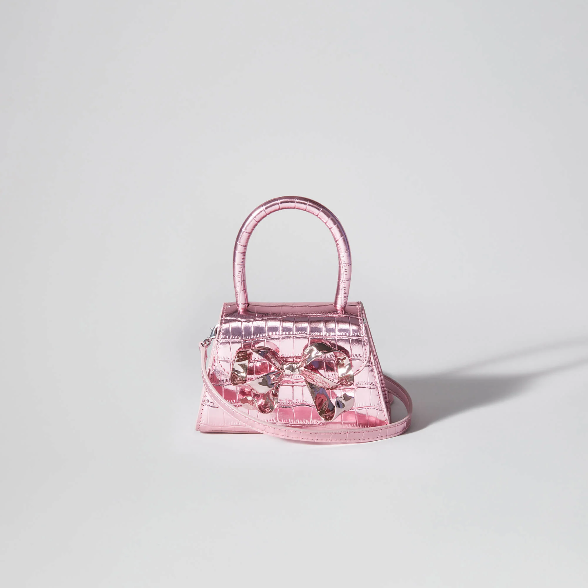 Pink Metallic Croc Micro Bow Bag - Image 4