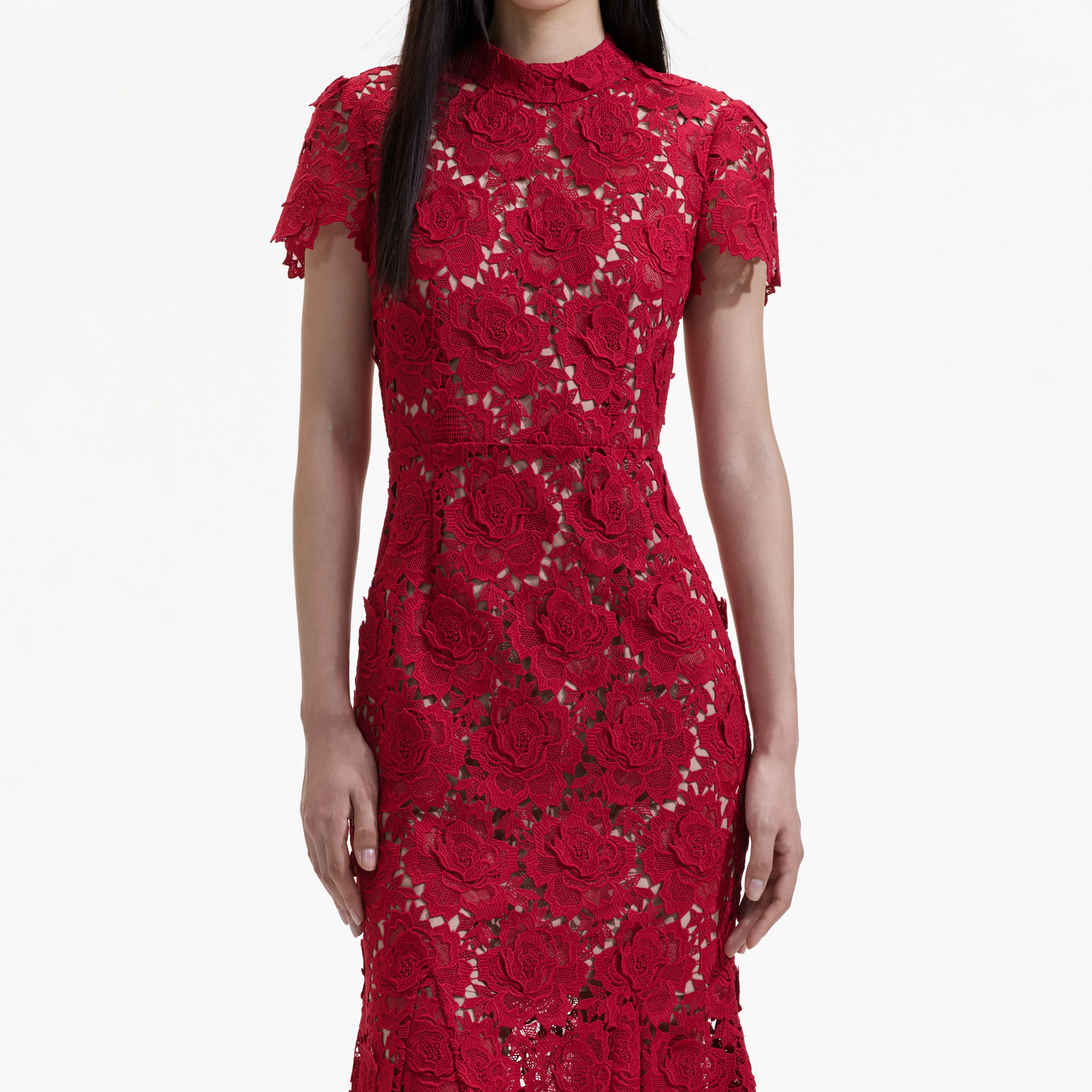 Red Flower Lace Midi Dress - Image 4