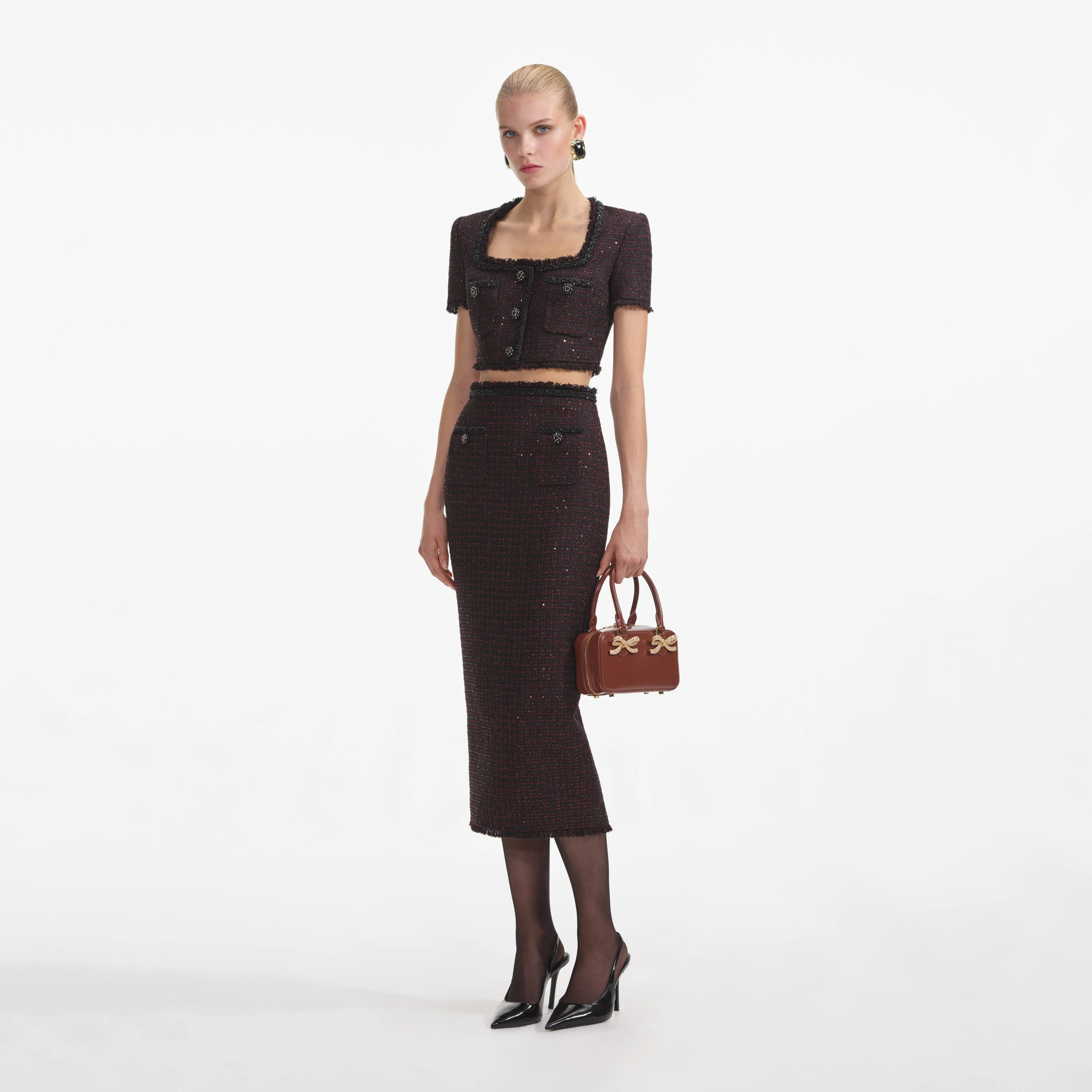 Black Metallic Boucle Midi Skirt - Image 2
