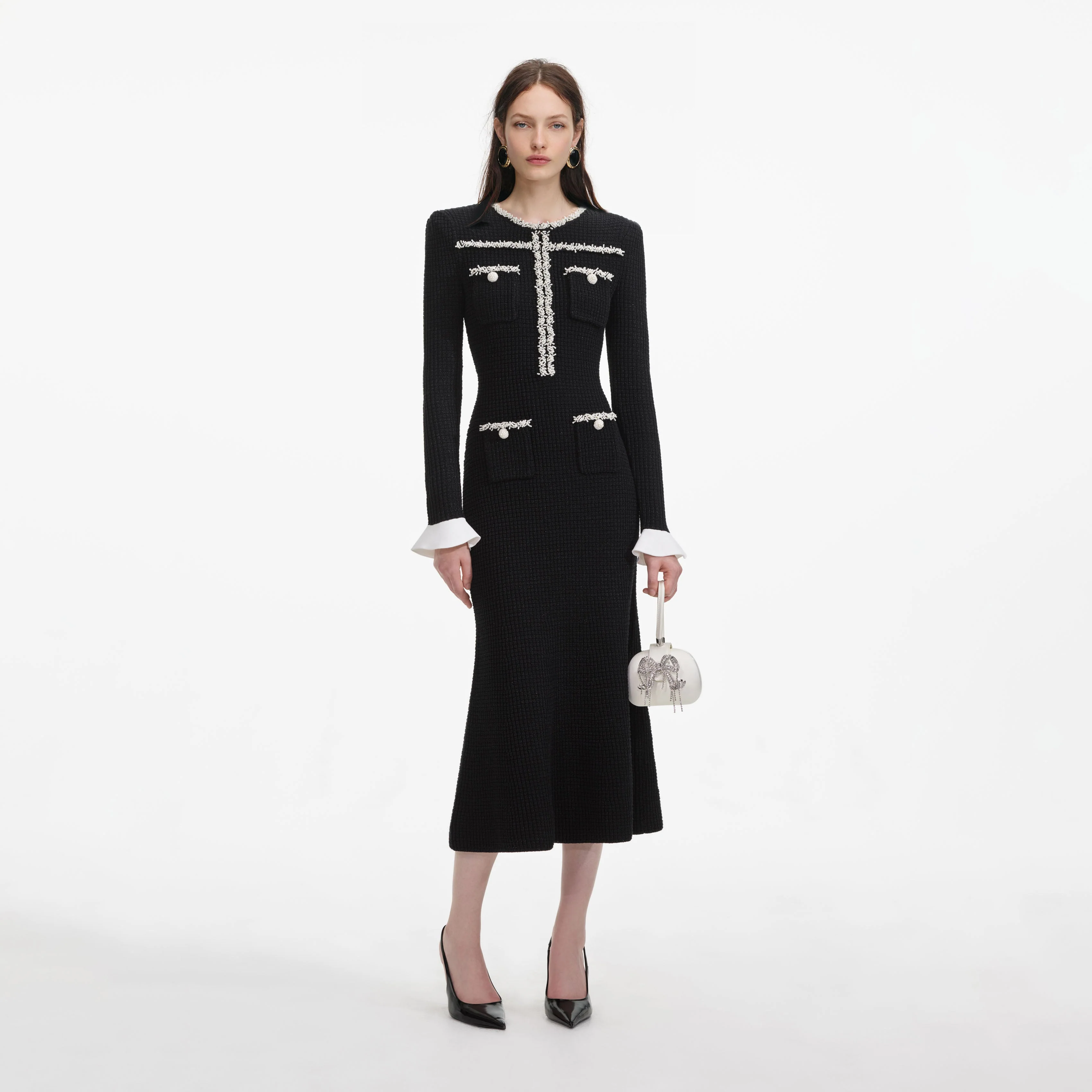 Black Pearl Trim Knit Midi Dress