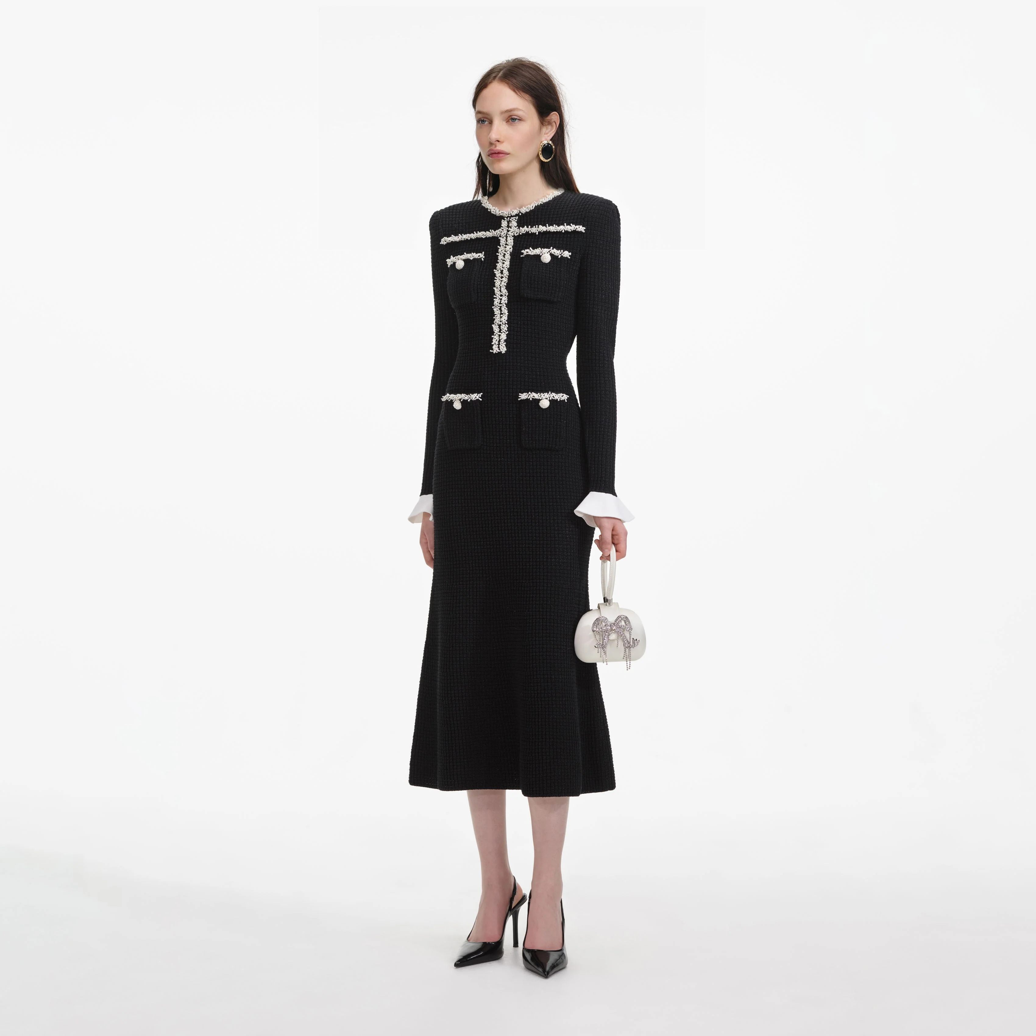 Black Pearl Trim Knit Midi Dress - Image 2