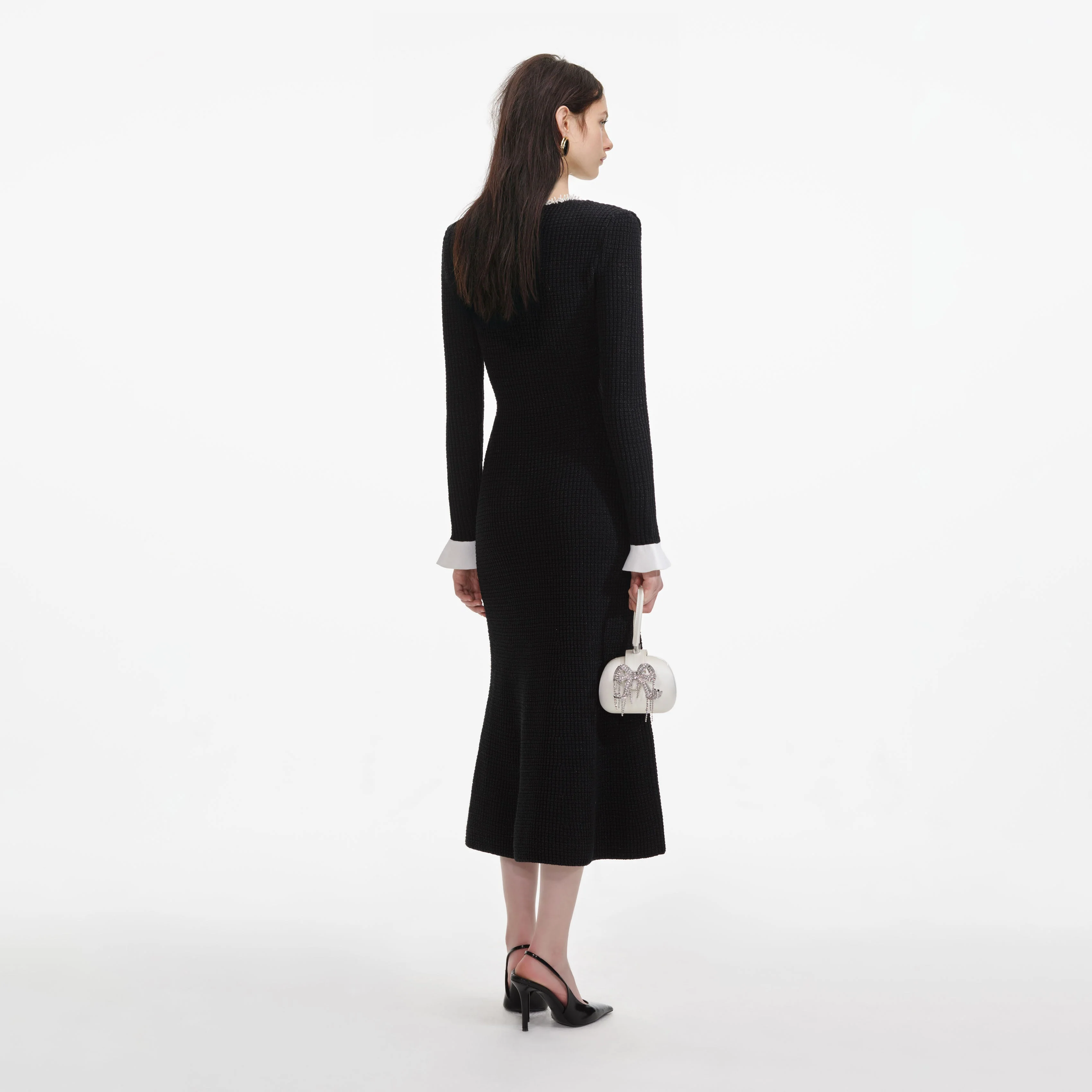 Black Pearl Trim Knit Midi Dress - Image 3