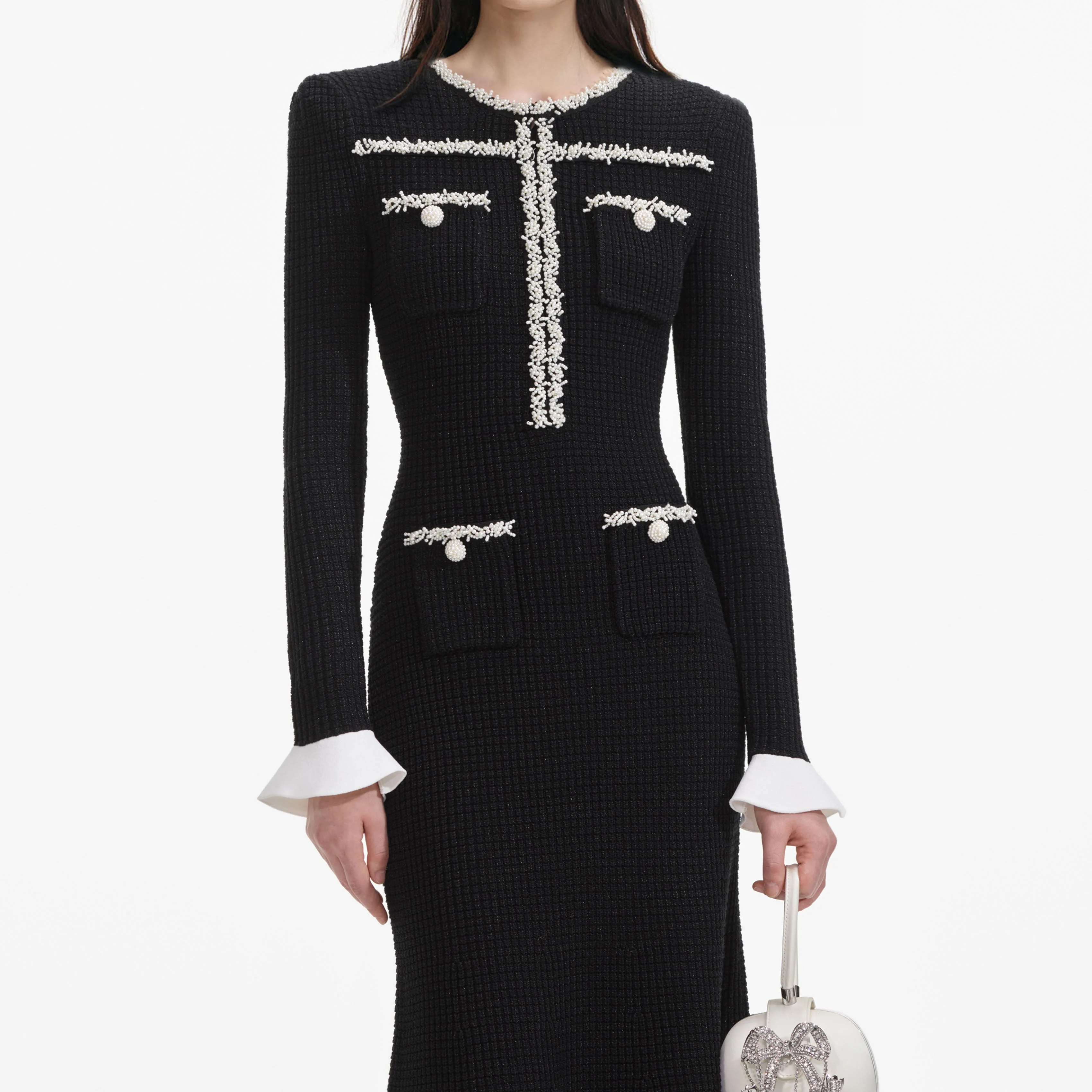 Black Pearl Trim Knit Midi Dress - Image 4