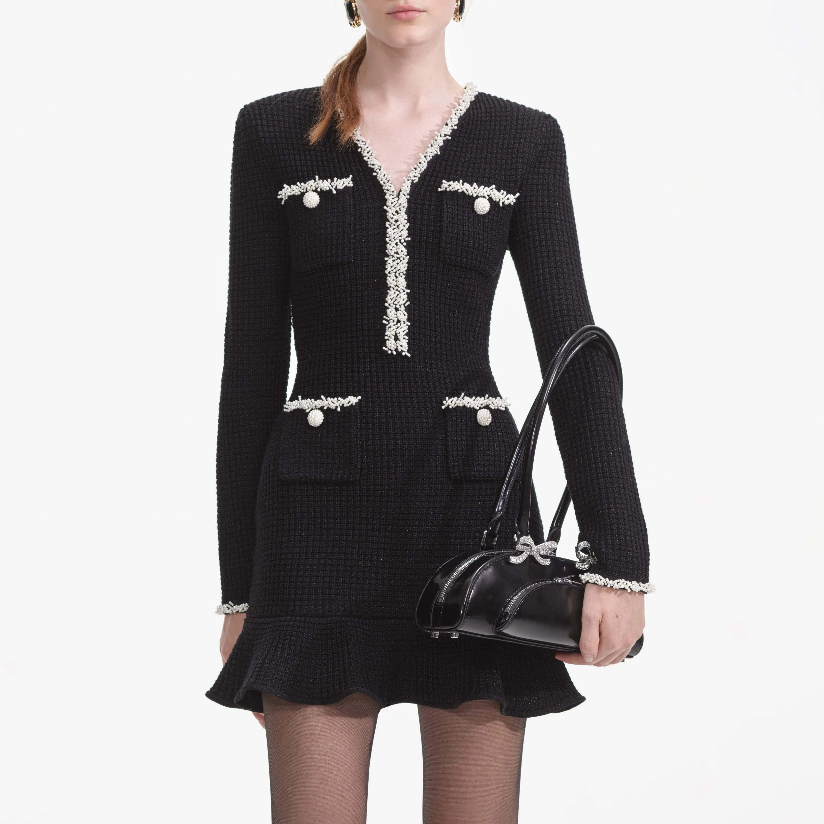 Black Pearl Trim Knit Mini Dress - Image 4