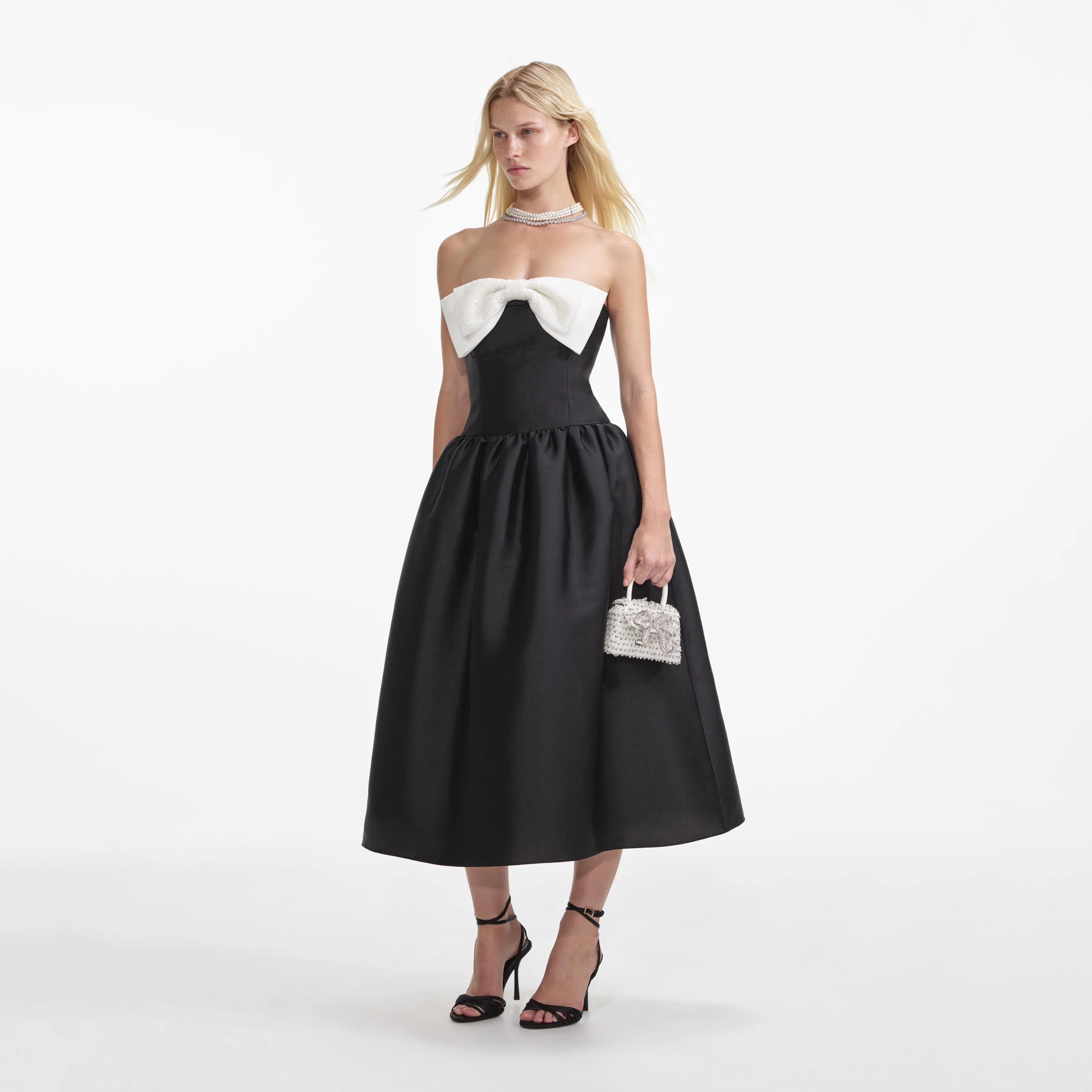 Black Taffeta Contrast Bow Midi Dress - Image 2