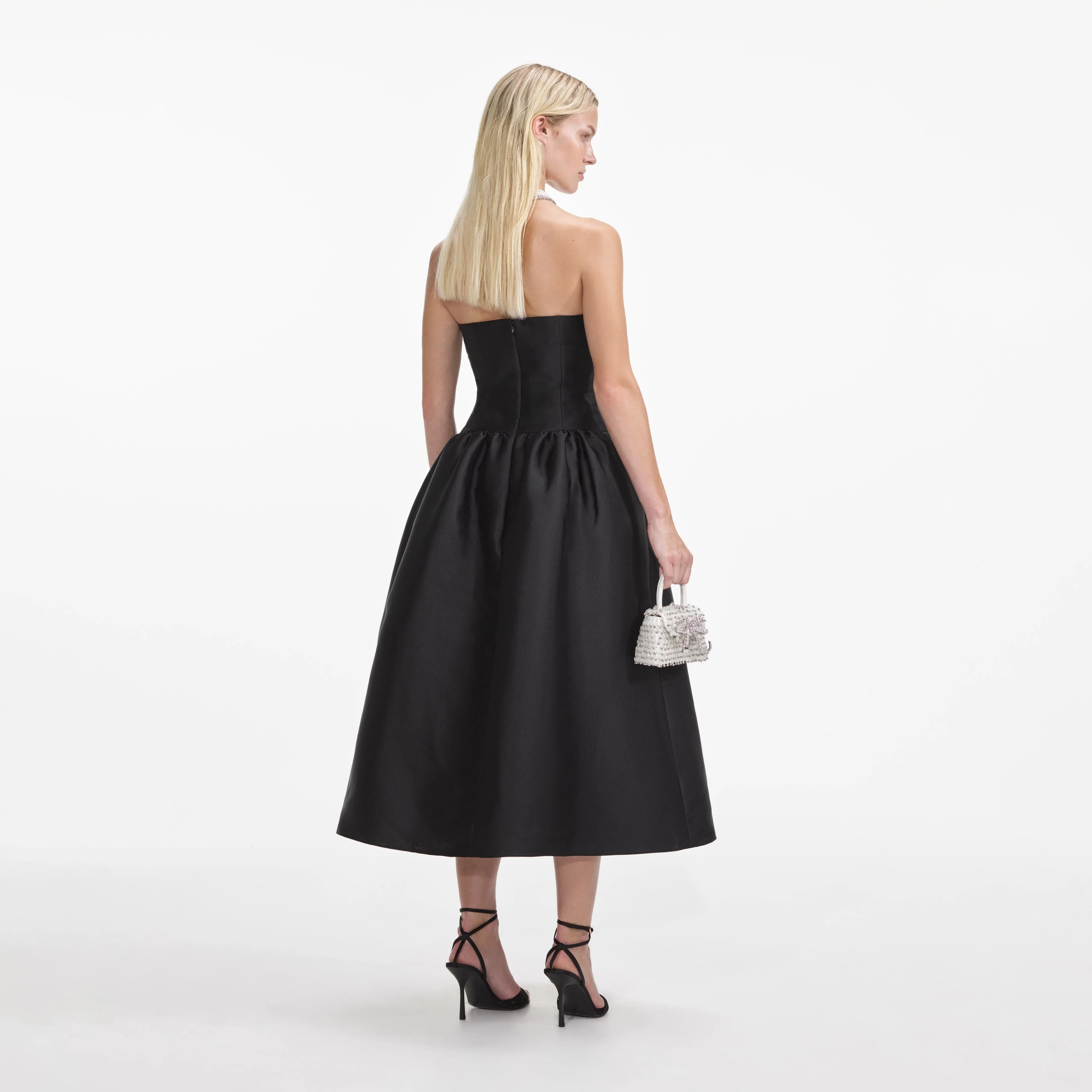 Black Taffeta Contrast Bow Midi Dress - Image 3