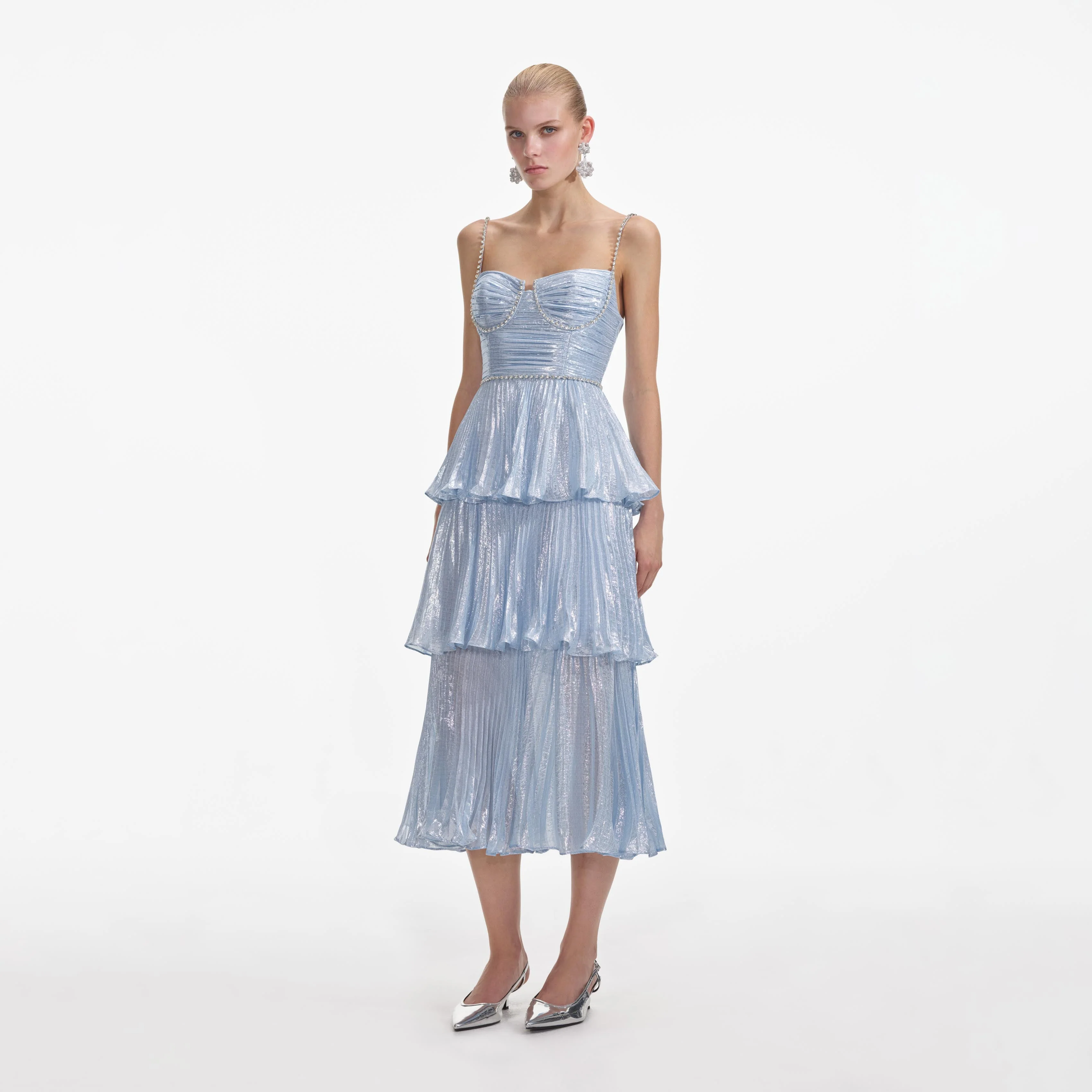 Blue Metallic Tiered Midi Dress - Image 2