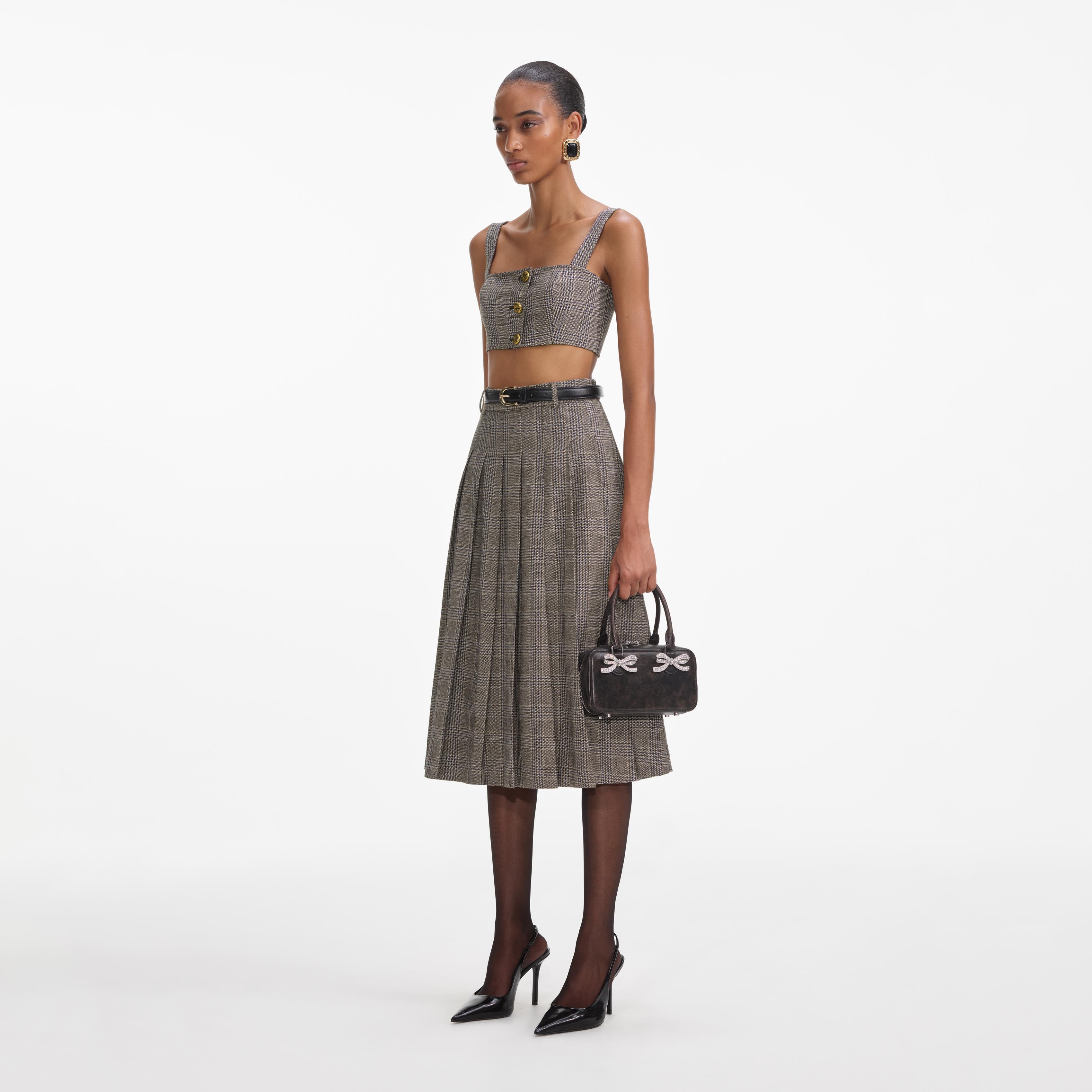 Brown Check Pleated Midi Skirt - Image 2