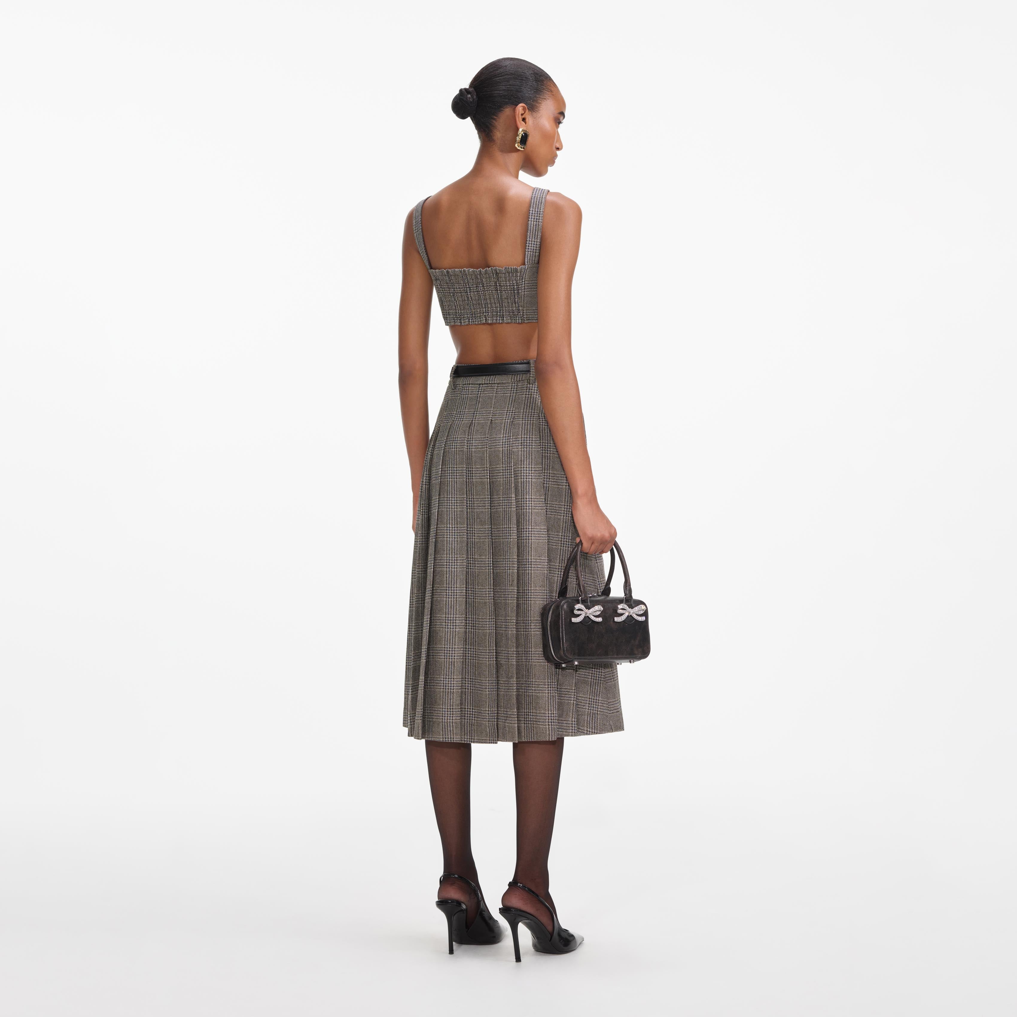 Brown Check Pleated Midi Skirt - Image 3