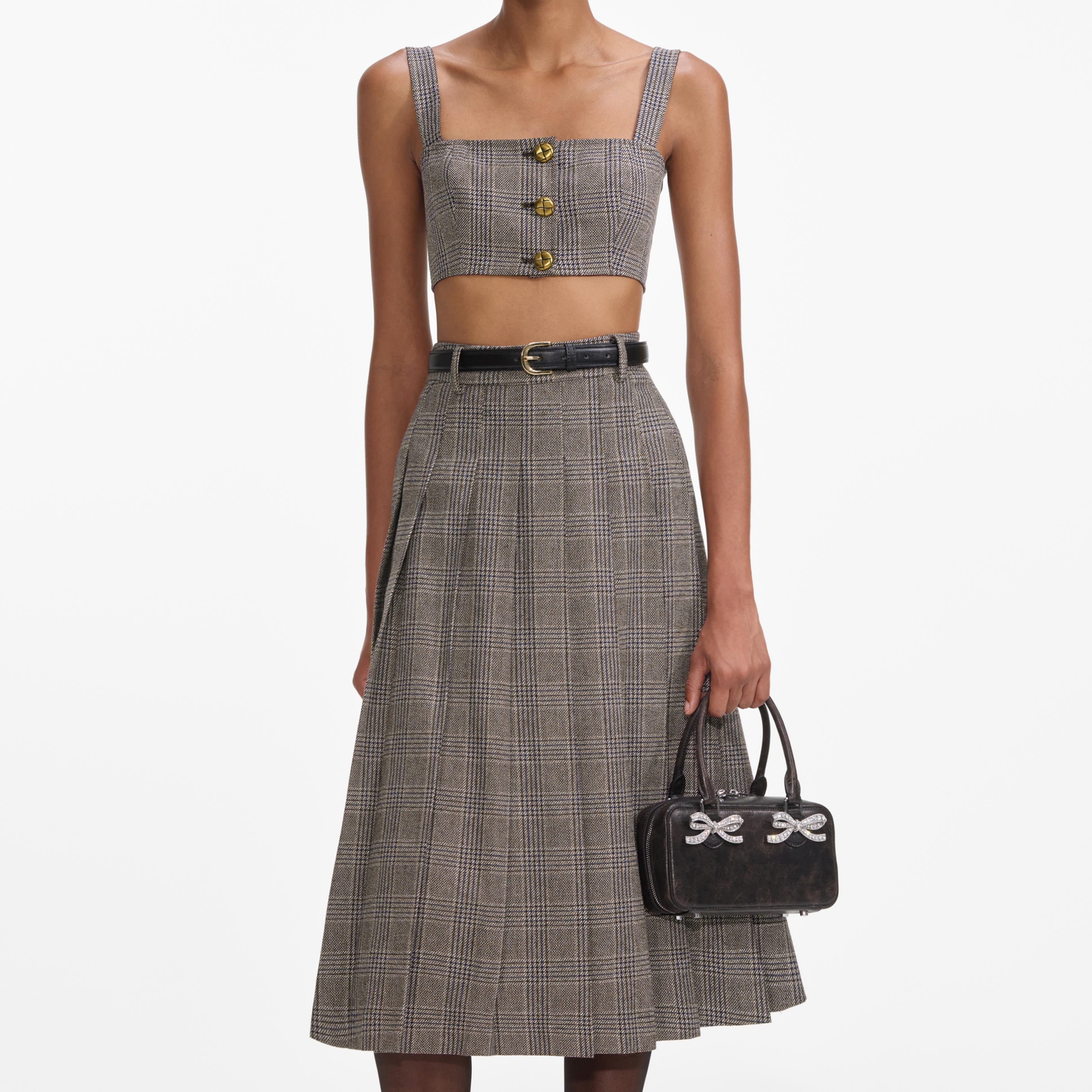Brown Check Pleated Midi Skirt - Image 4