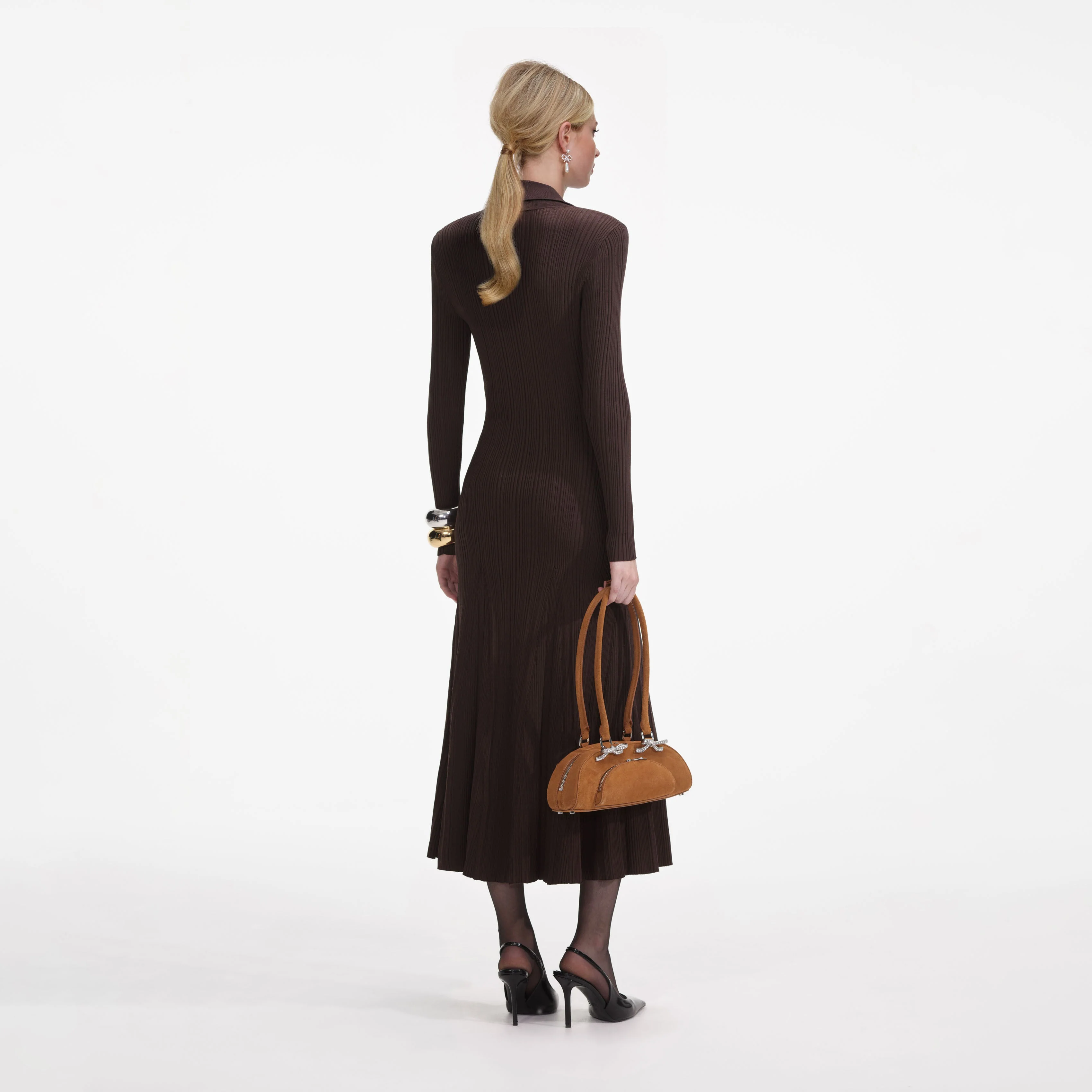 Brown Viscose Rib Knit Midi Dress - Image 3