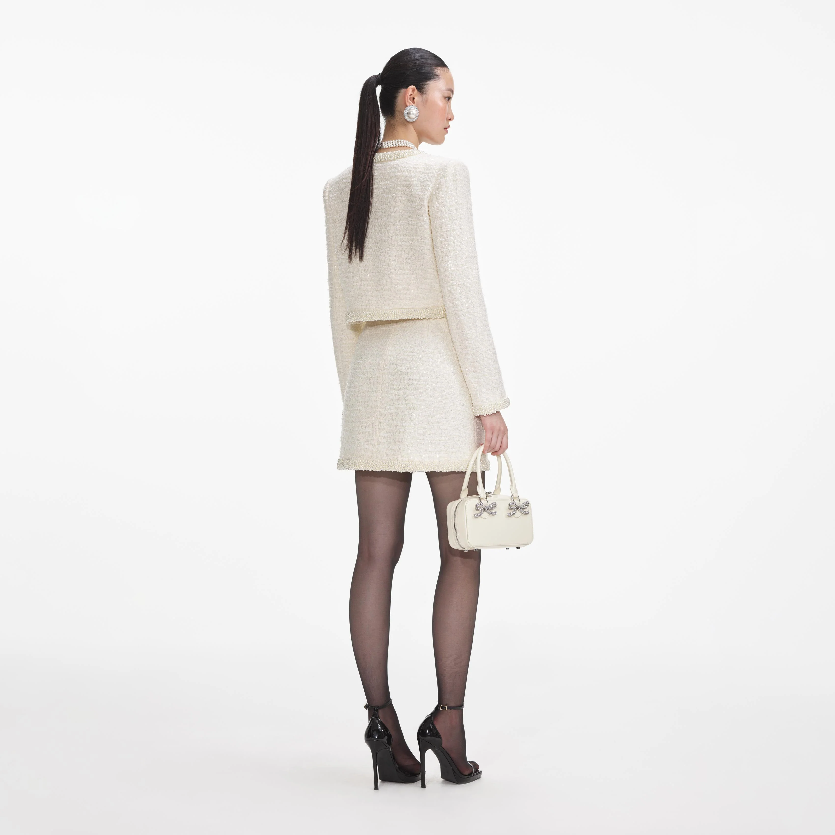 Cream Boucle Pearl Trim Mini Skirt - Image 3