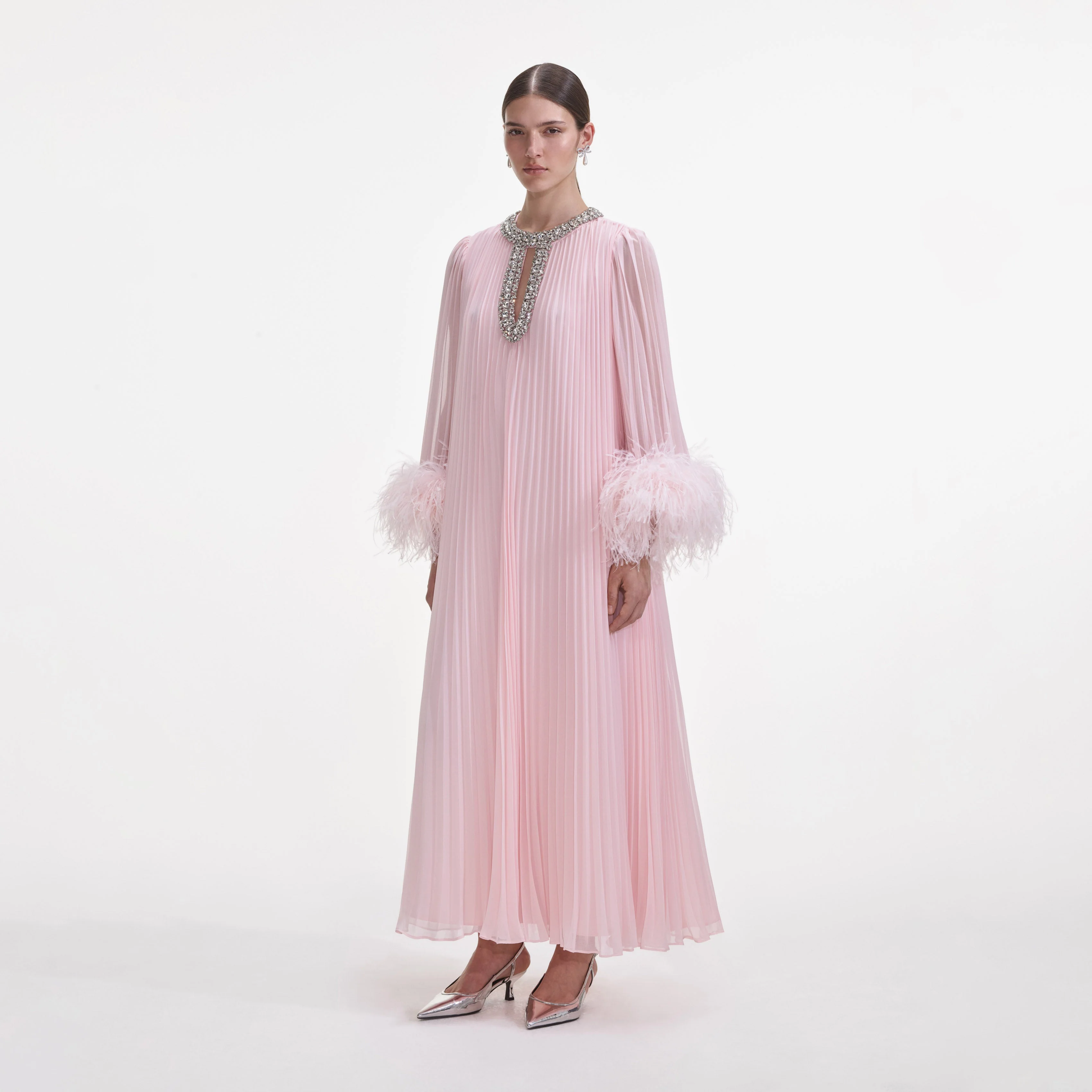 Pink Chiffon Feather Midi Dress - Image 2