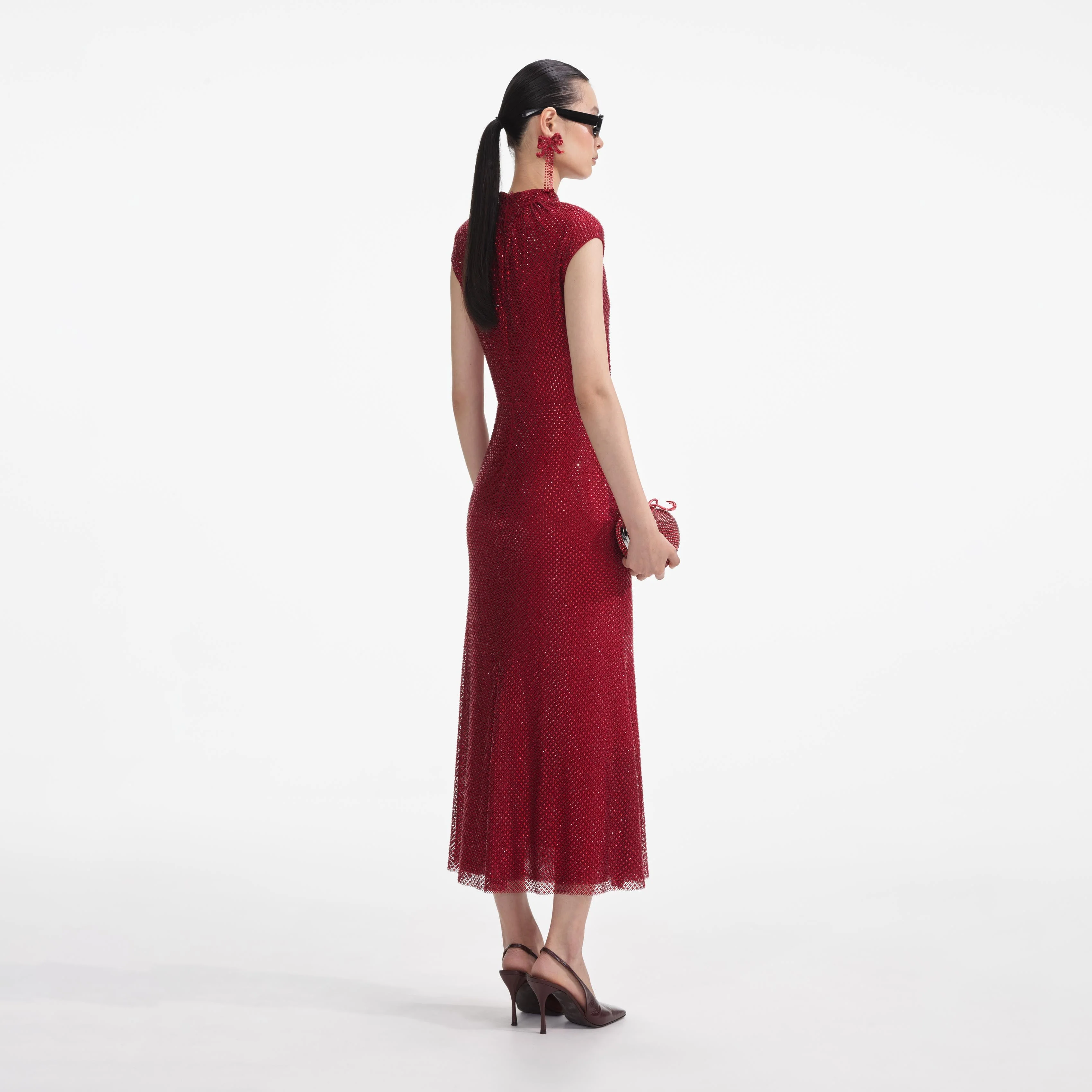 Red Rhinestone Fishnet Midi Dress - Image 3