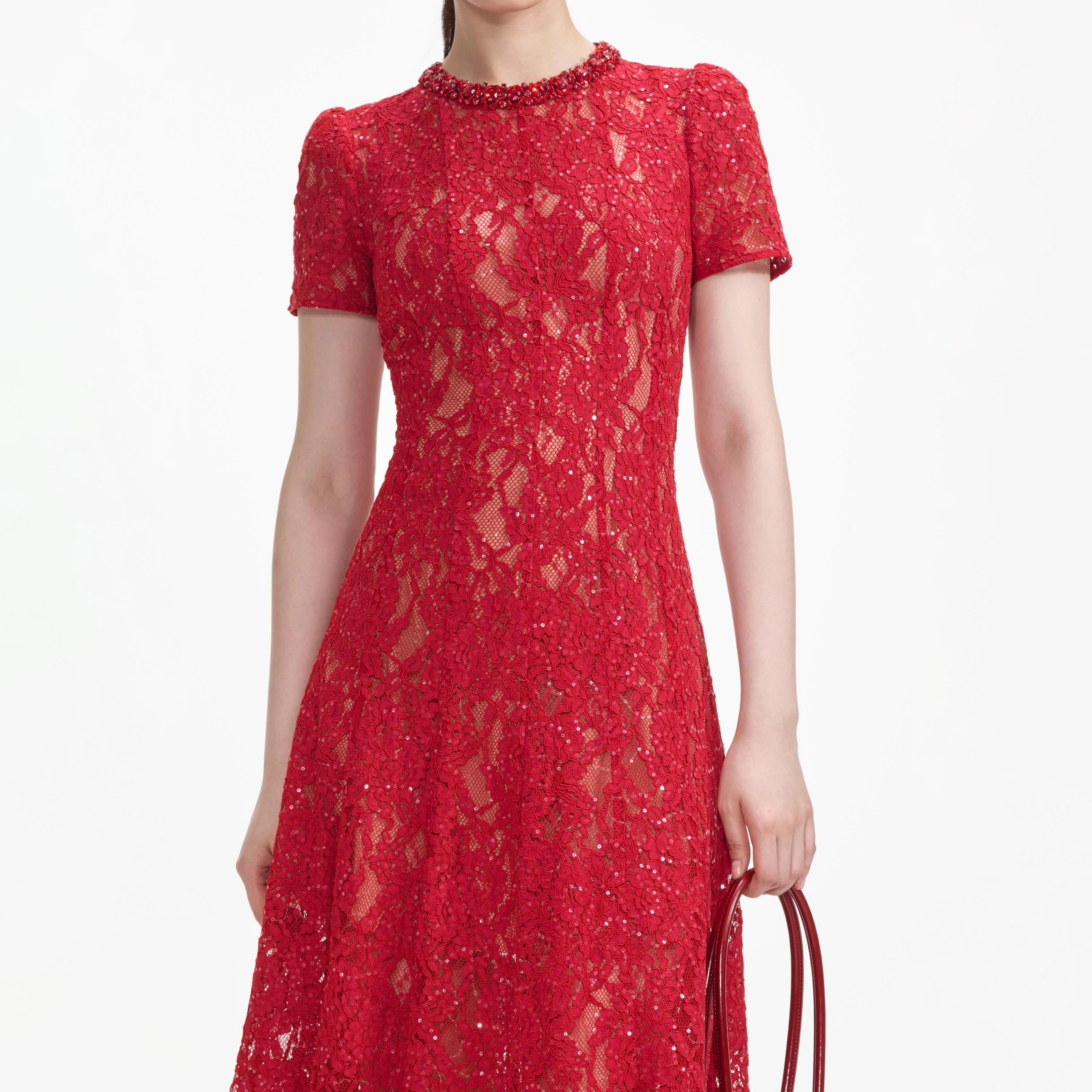 Red Sequin Lace Midi Dress - Image 4