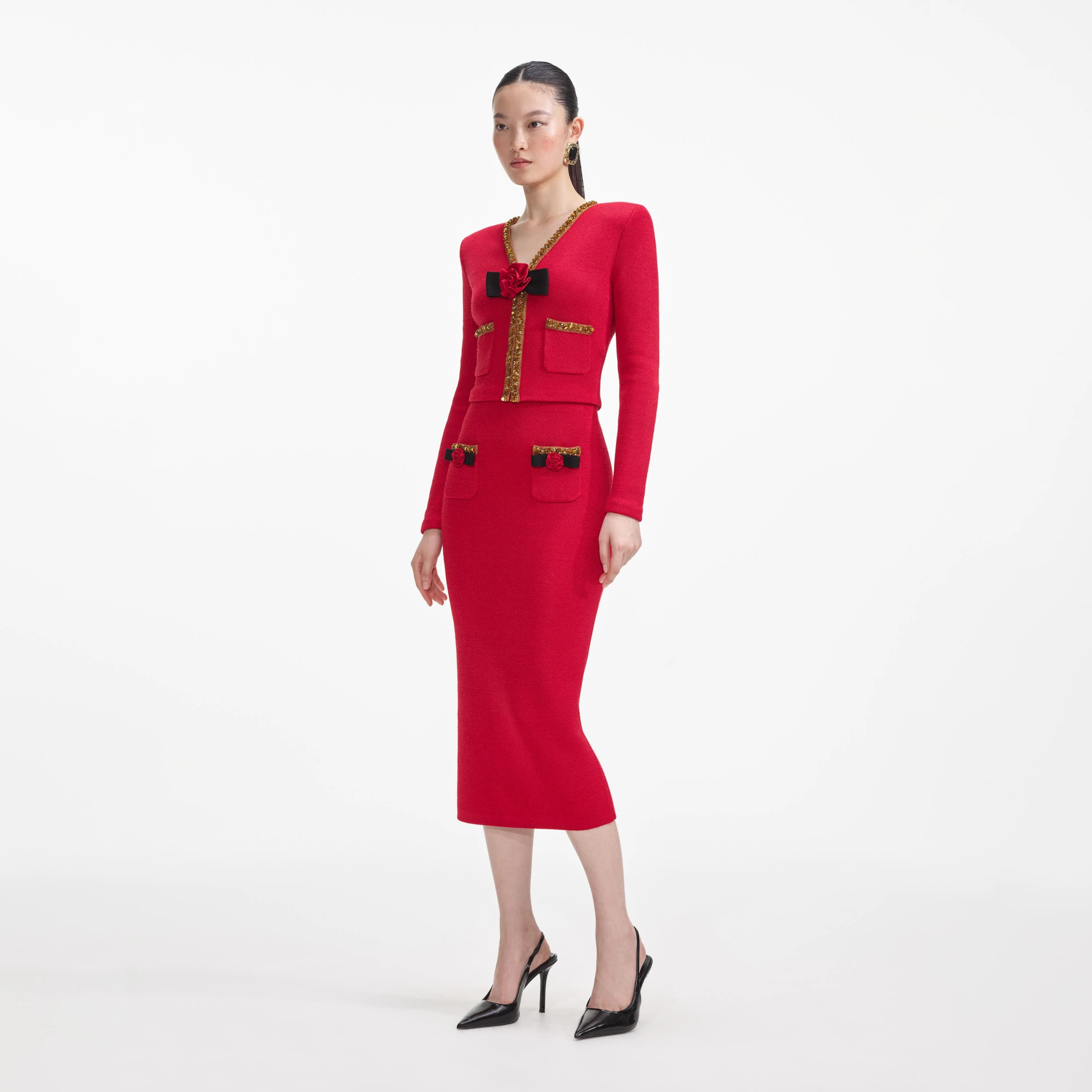 Red Textured Knit Corsage Midi Skirt - Image 2