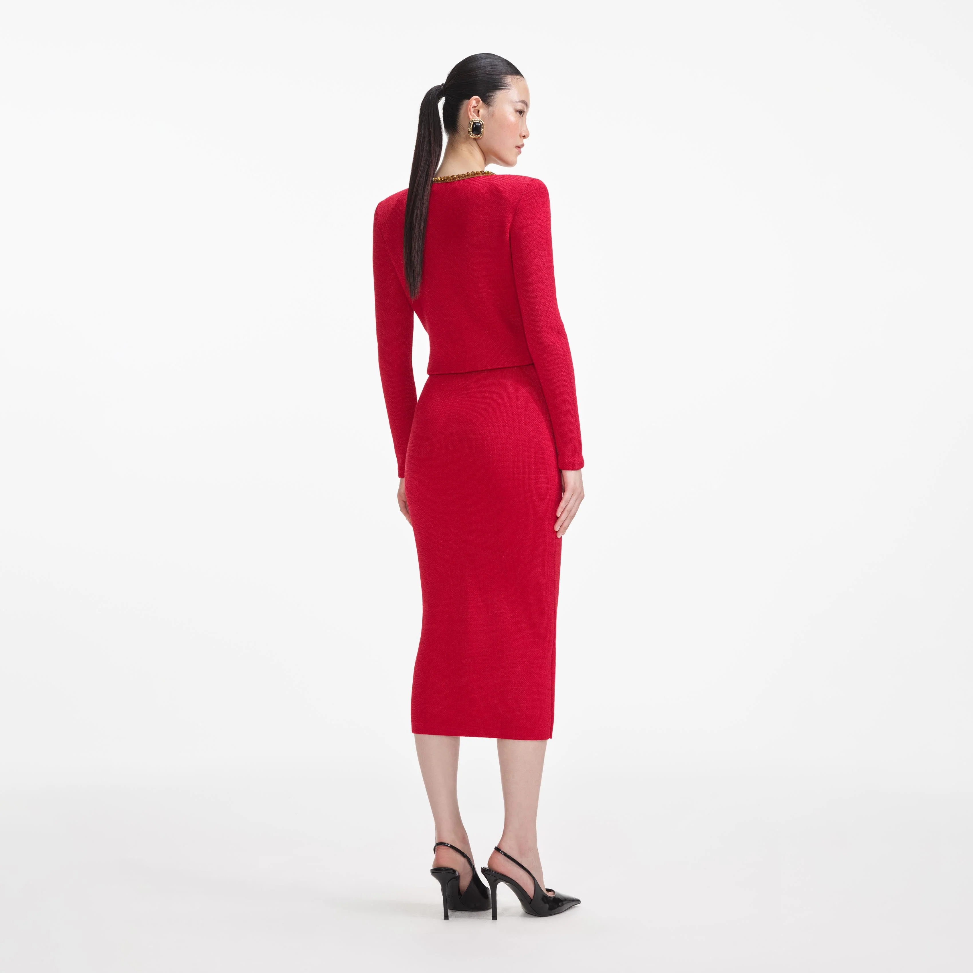 Red Textured Knit Corsage Midi Skirt - Image 3