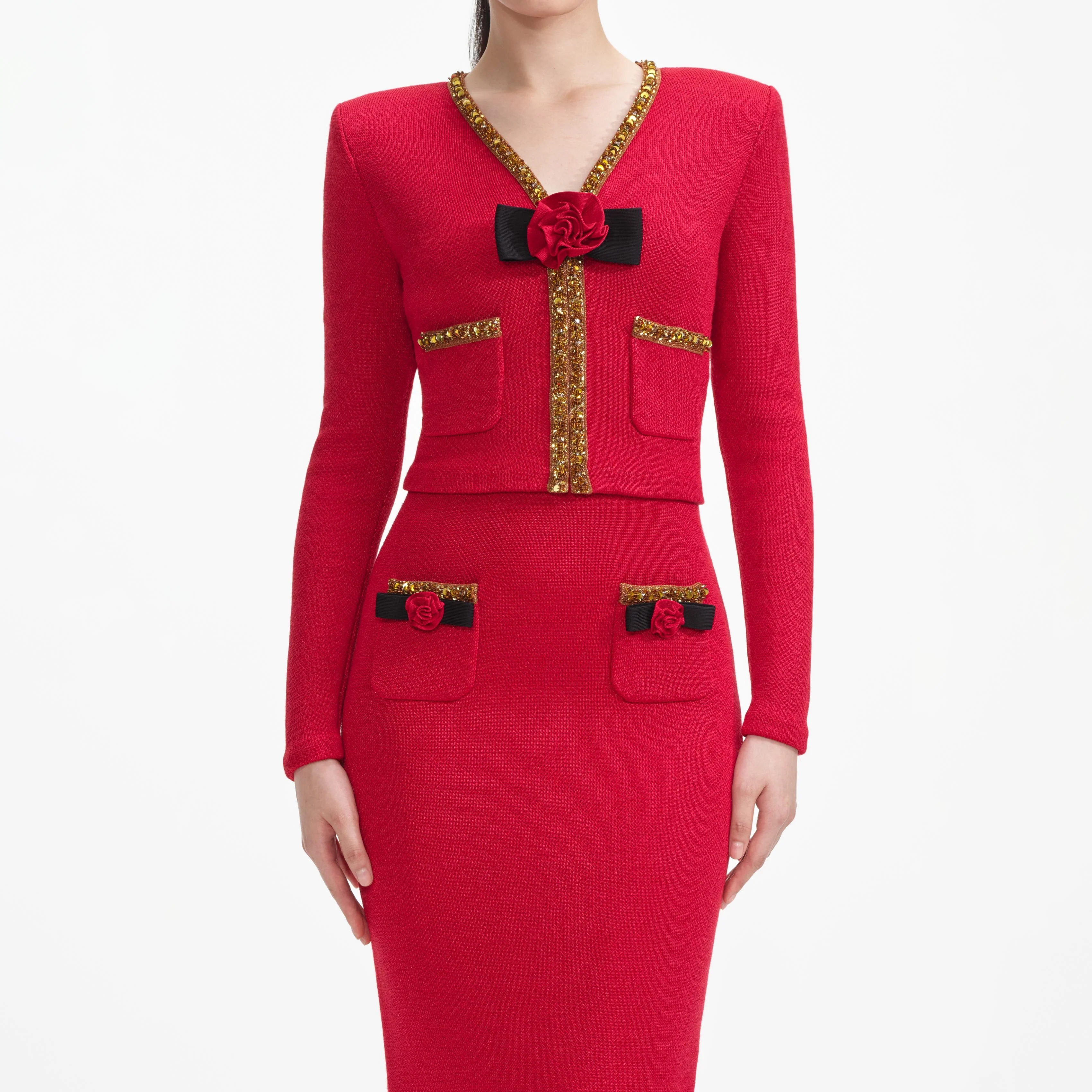 Red Textured Knit Corsage Midi Skirt - Image 4