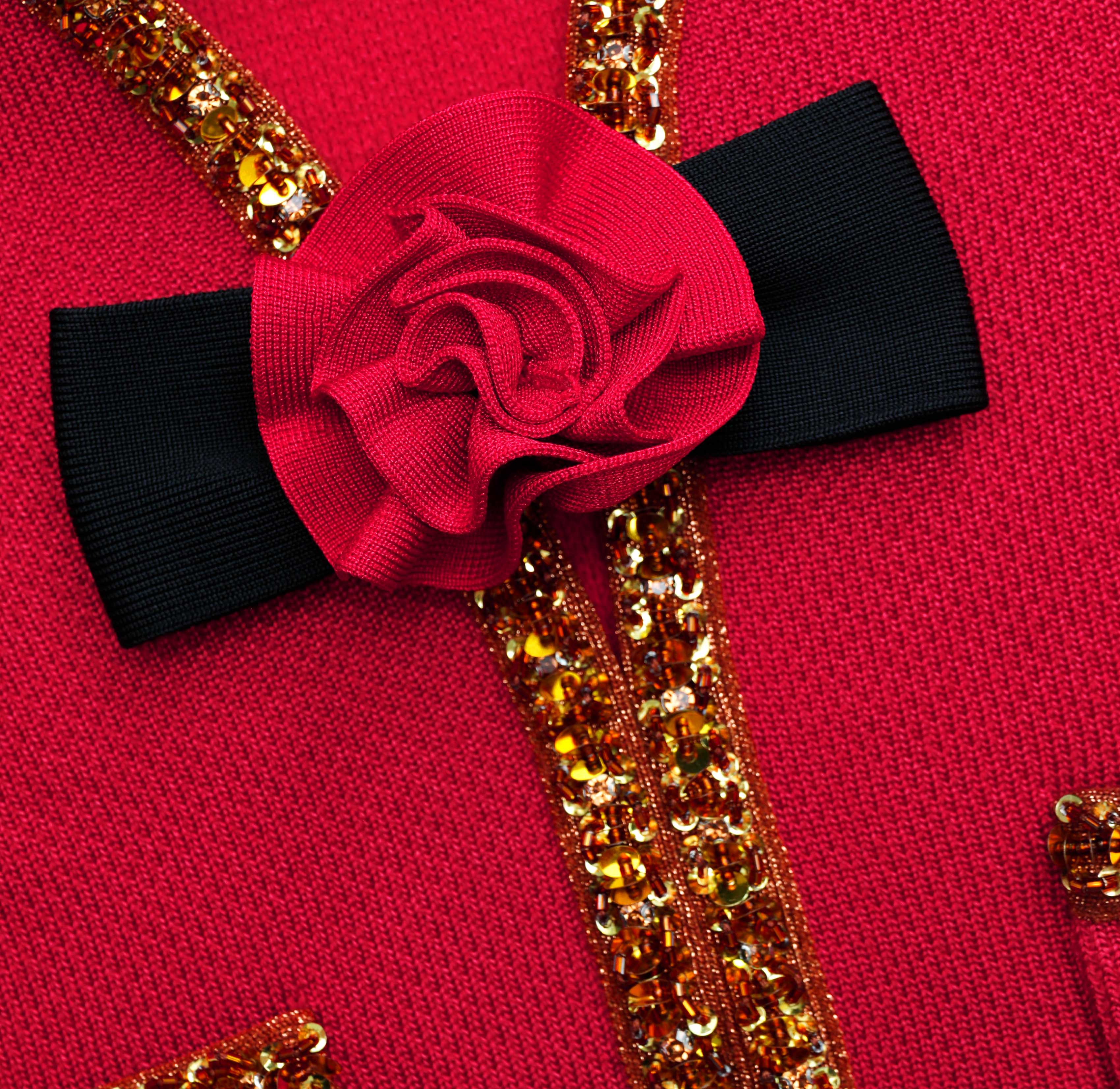 Red Textured Knit Corsage Midi Skirt - Image 5