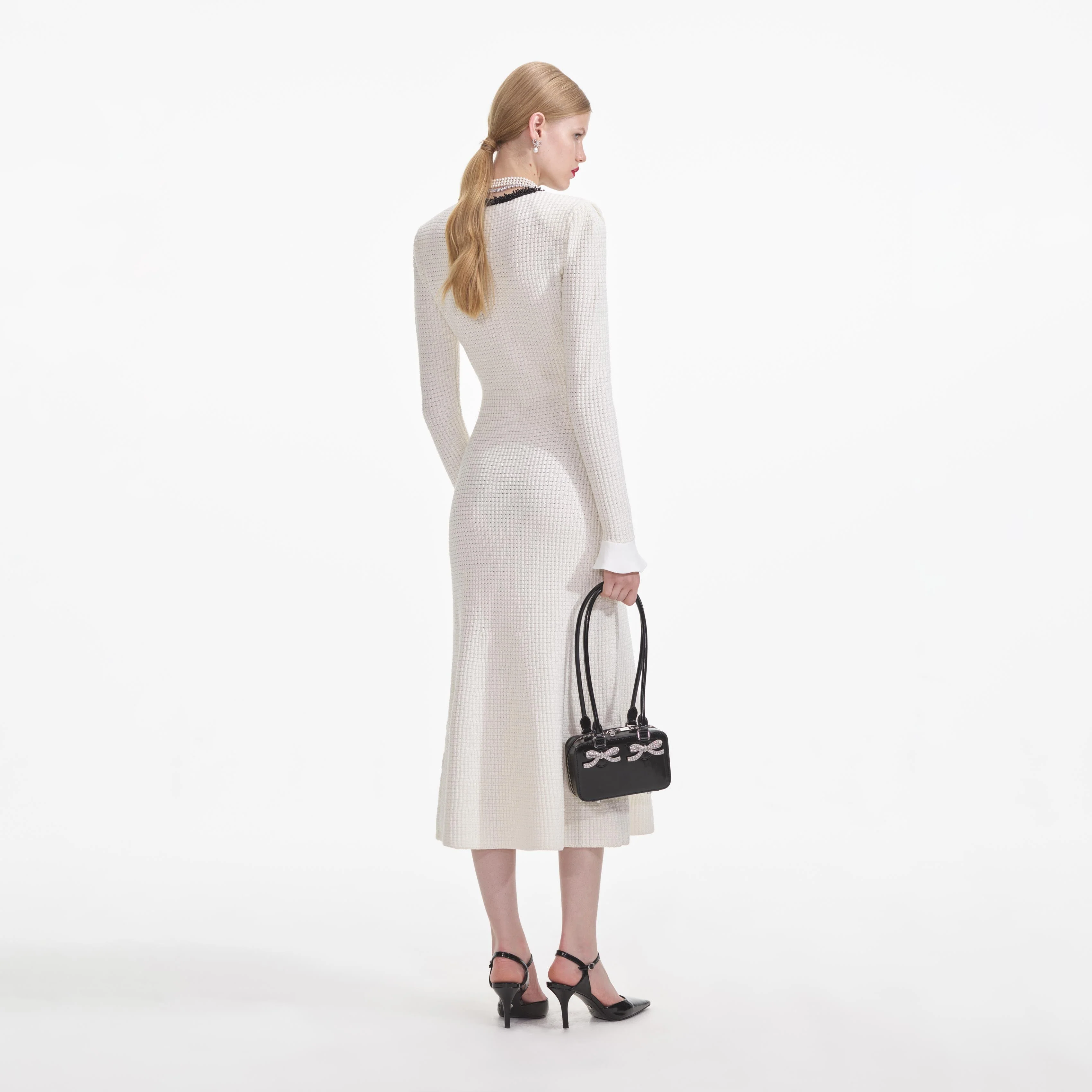 White Knit Contrast Trim Midi Dress - Image 3