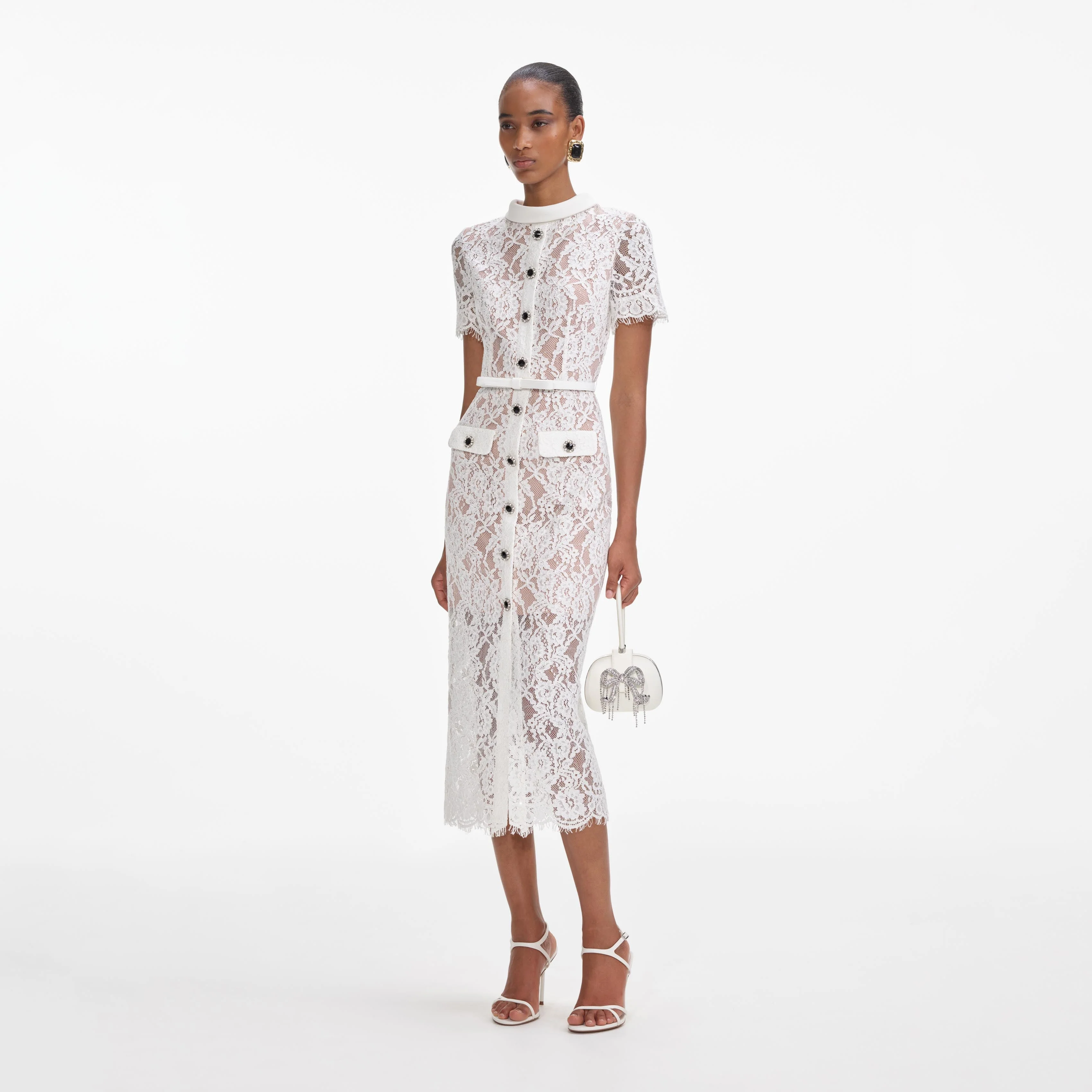 White Lace Button Midi Dress - Image 2