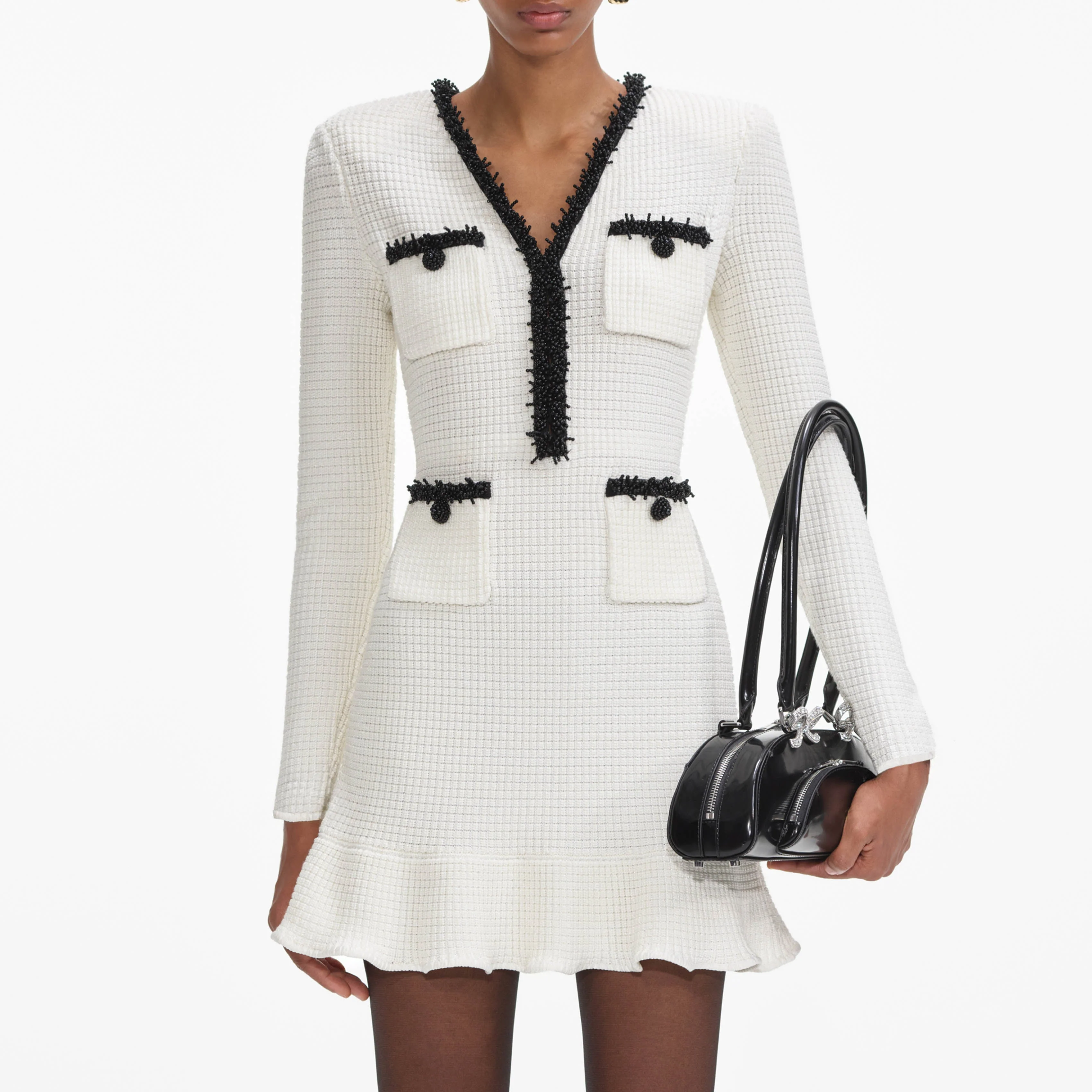 White Pearl Trim Knit Mini Dress - Image 4