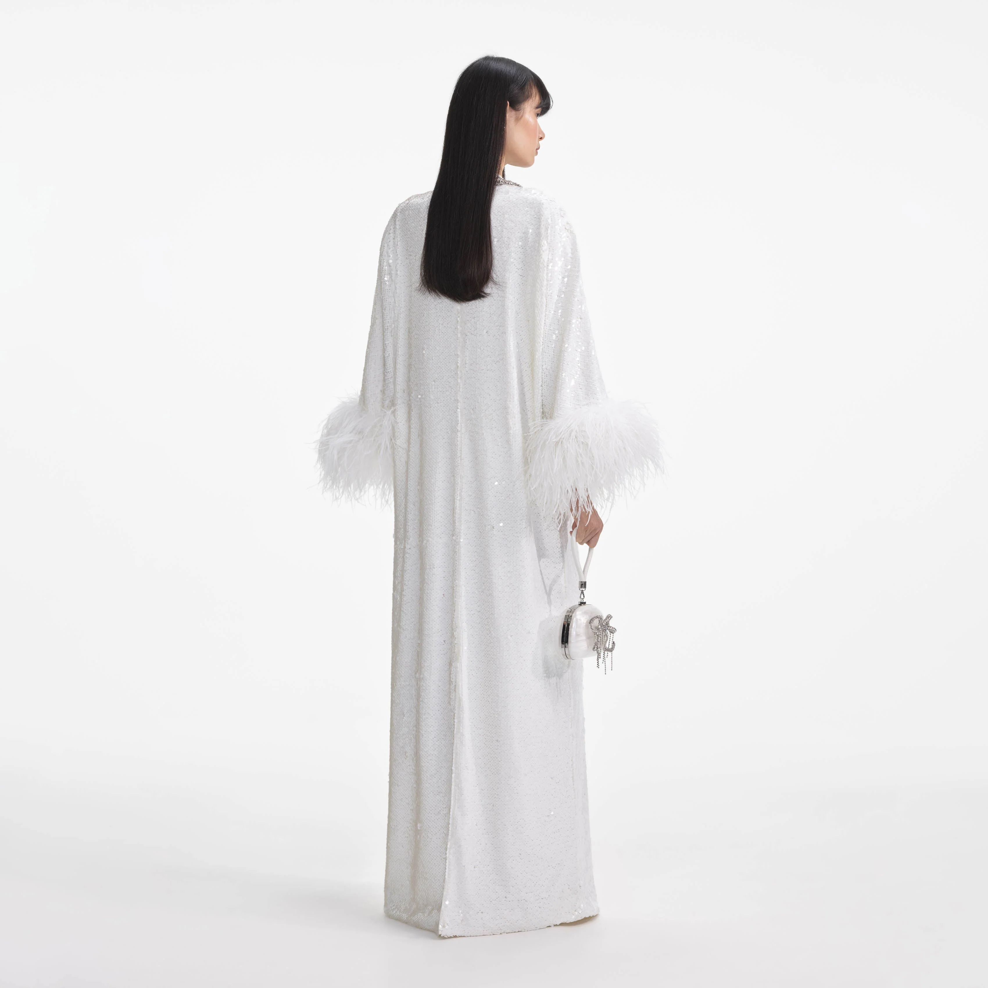White Sequin Feather Maxi Dress - Image 3