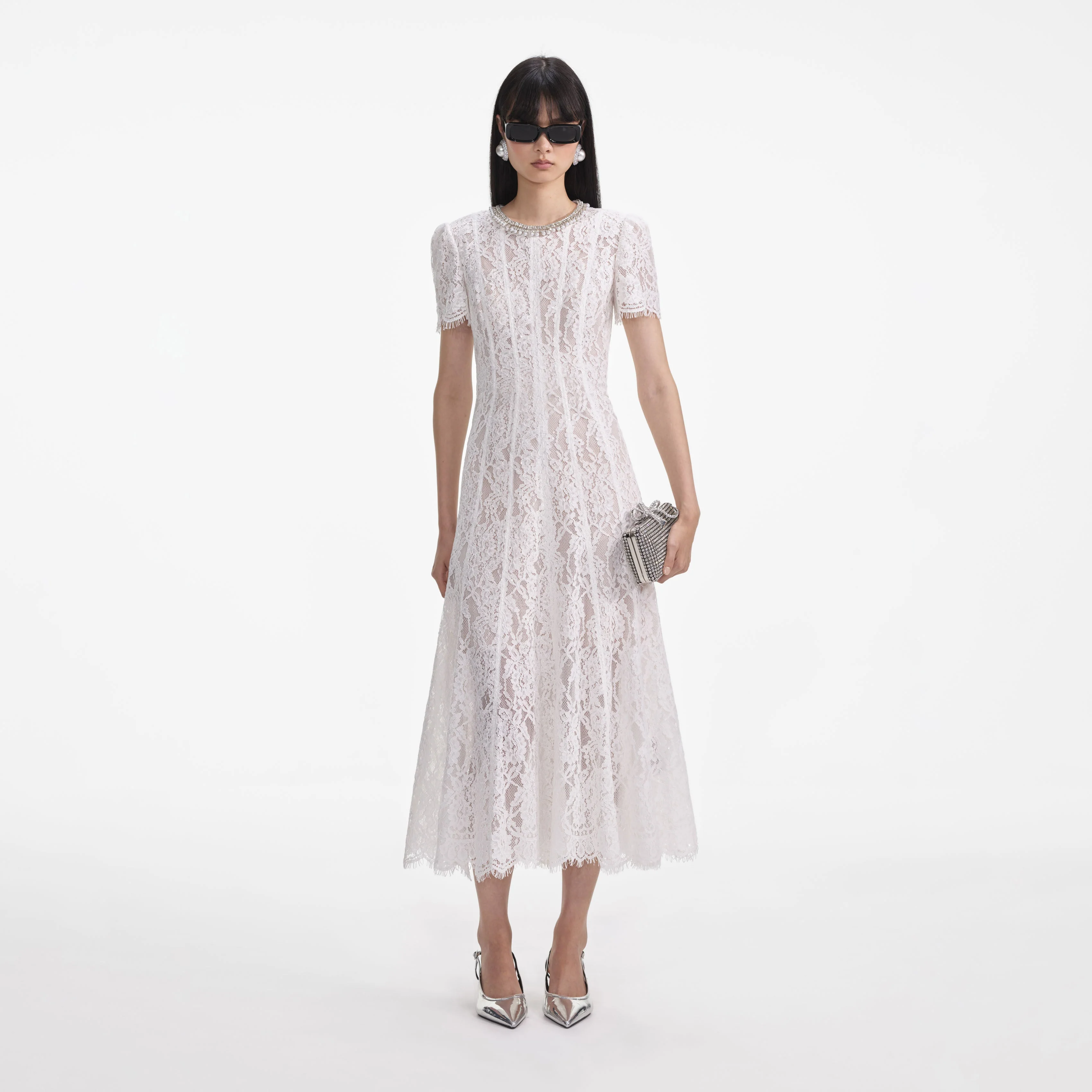 White Sequin Lace Embellished Midi Dress