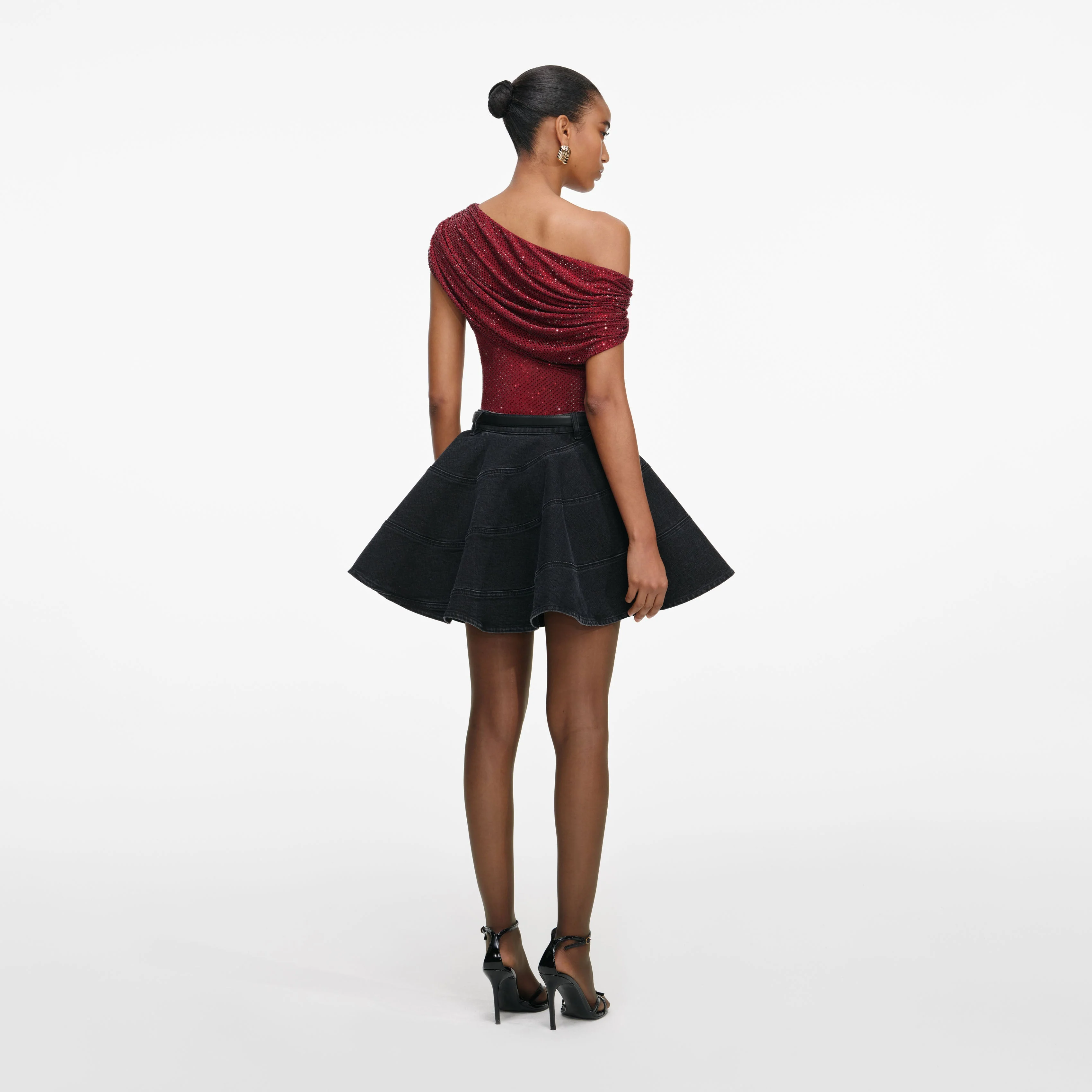 Black Flared Denim Mini Skirt - Image 3