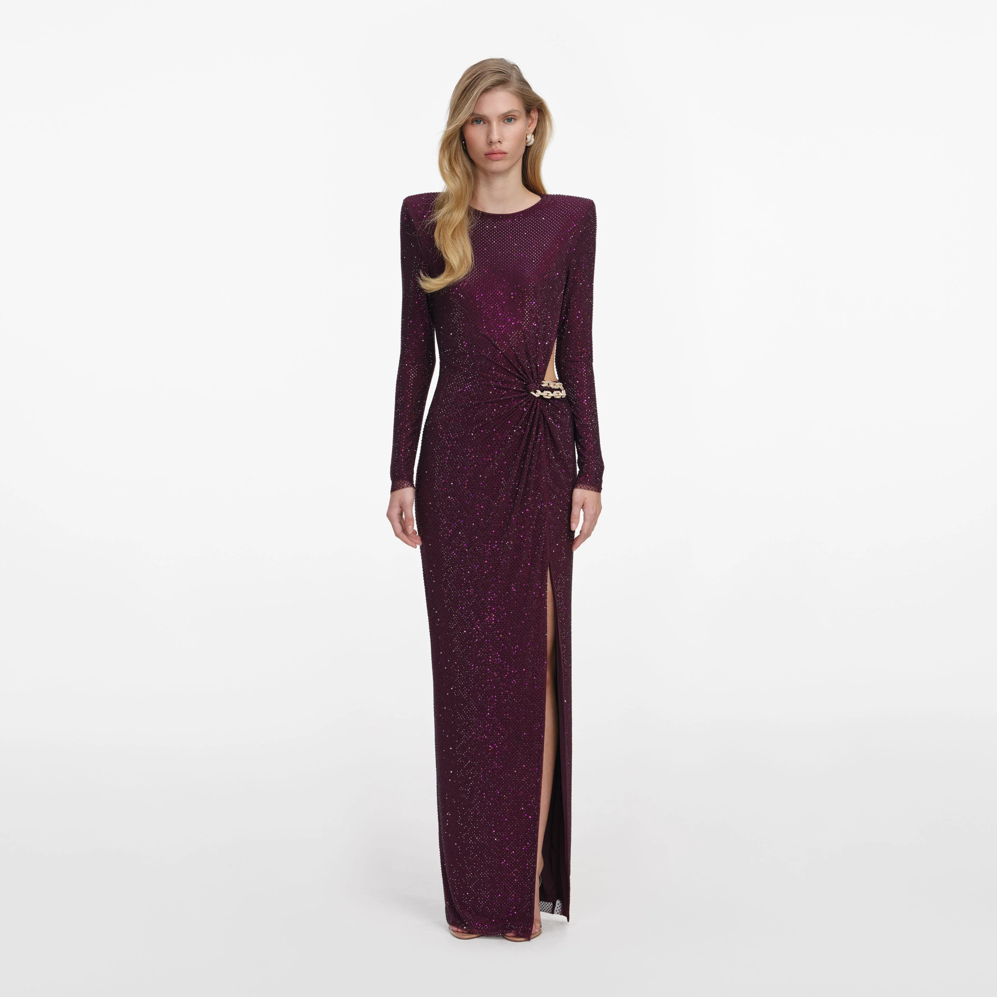 Burgundy Rhinestone Embellished Maxi Dress