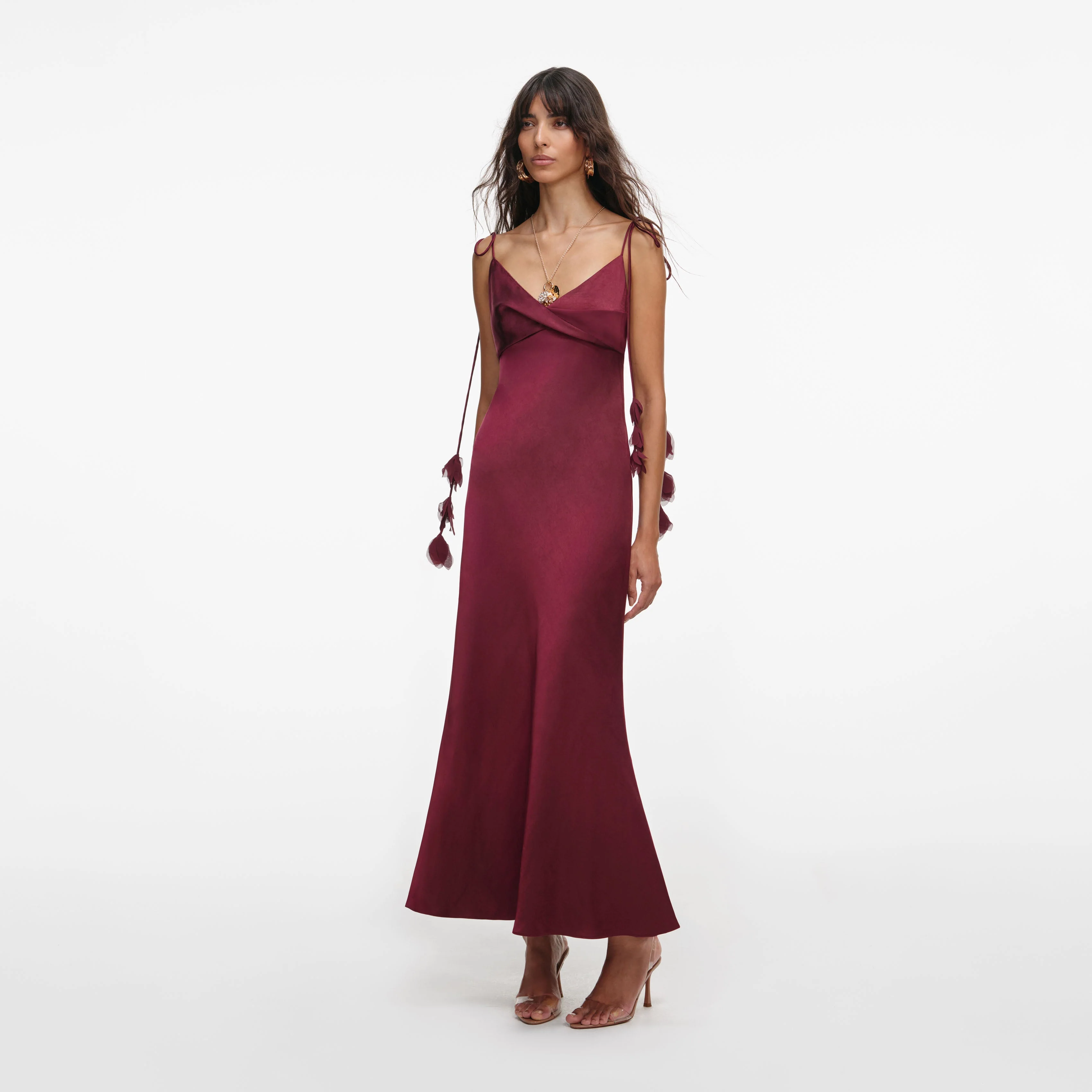 Burgundy Satin Flower Midi Dress - Image 2