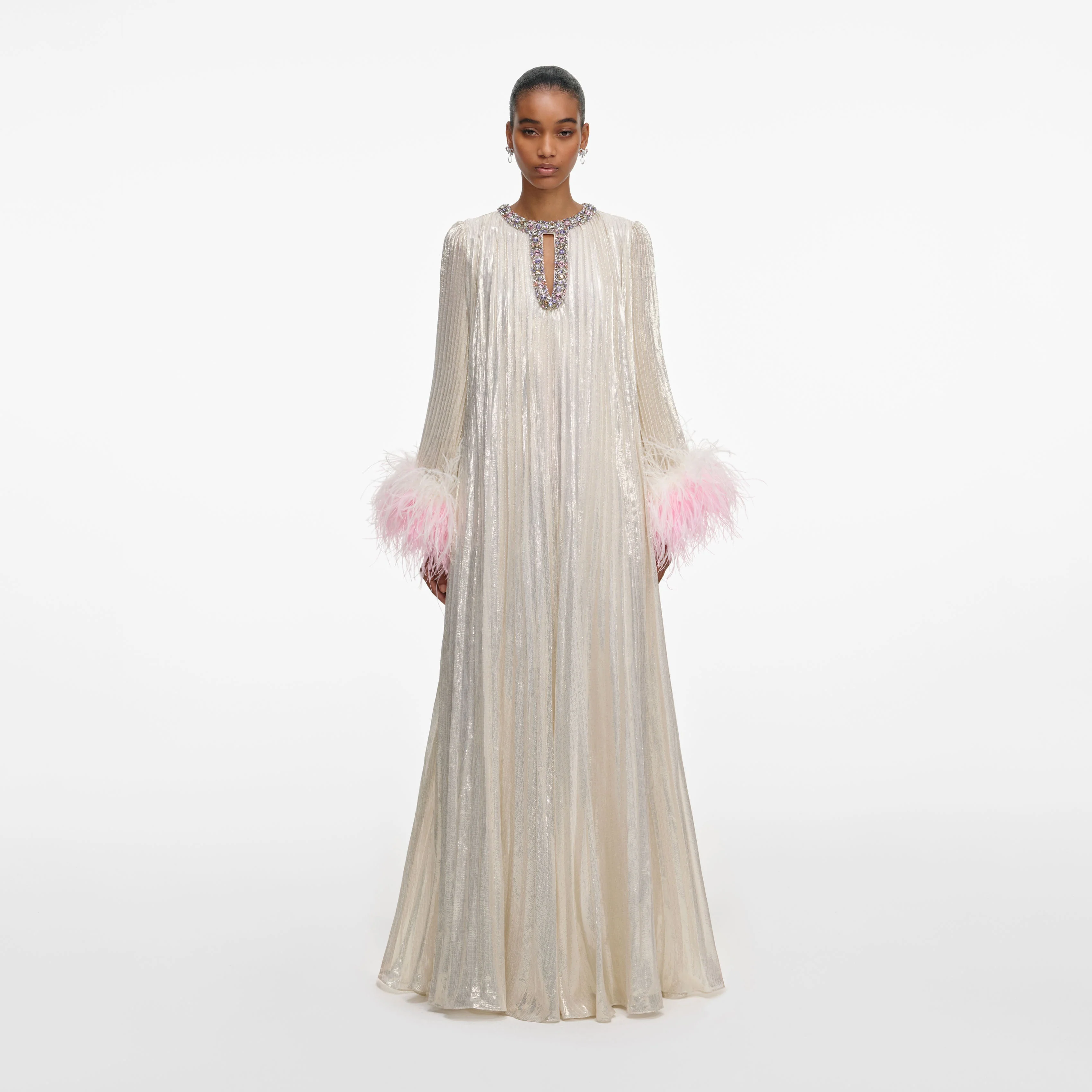 Champagne Metallic Ombre Feather Maxi Dress