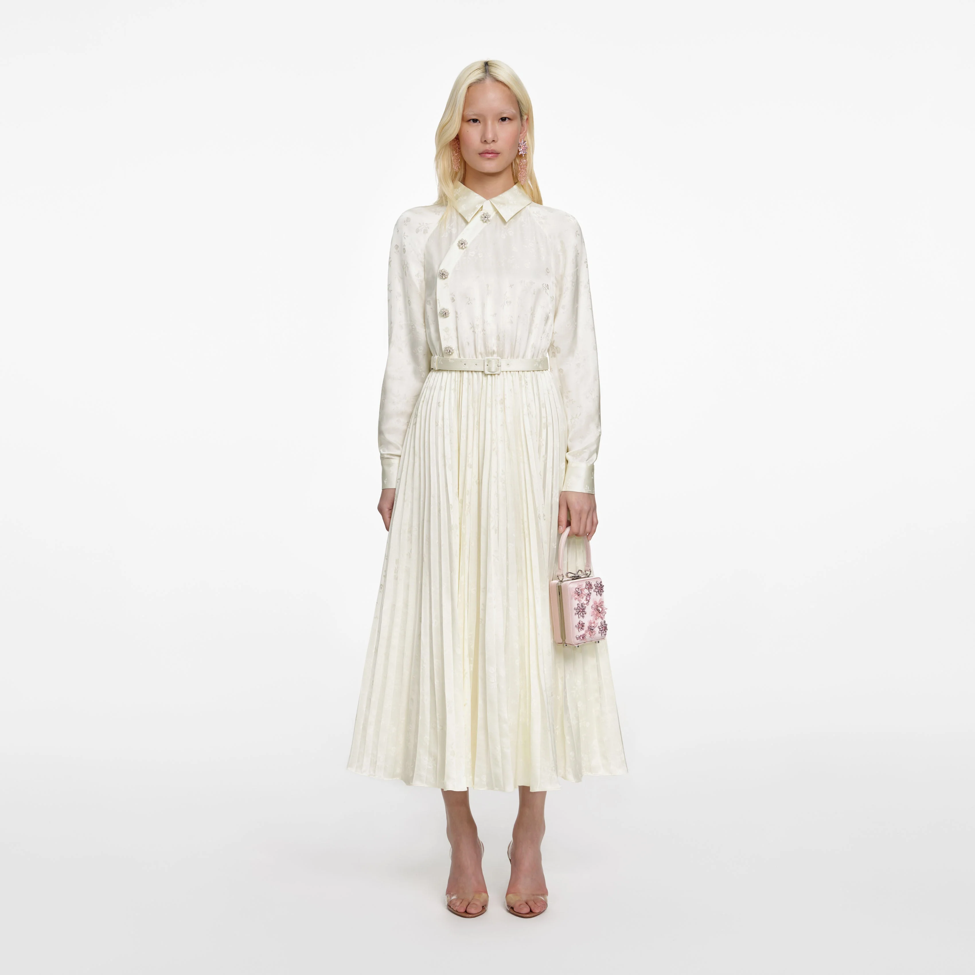Cream Satin Jacquard Midi Dress