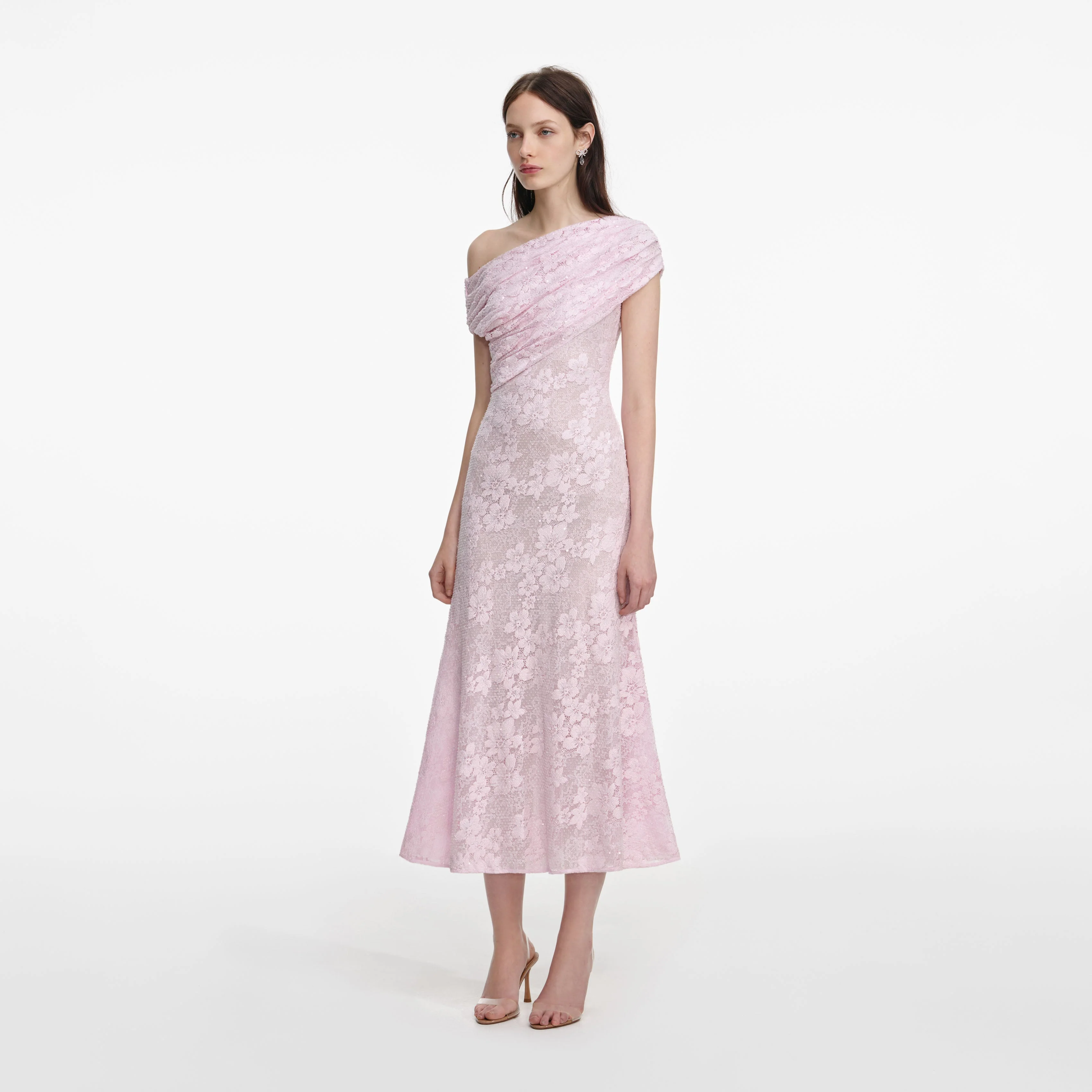 Pink Rhinestone Lace Asymmetric Midi Dress - Image 2