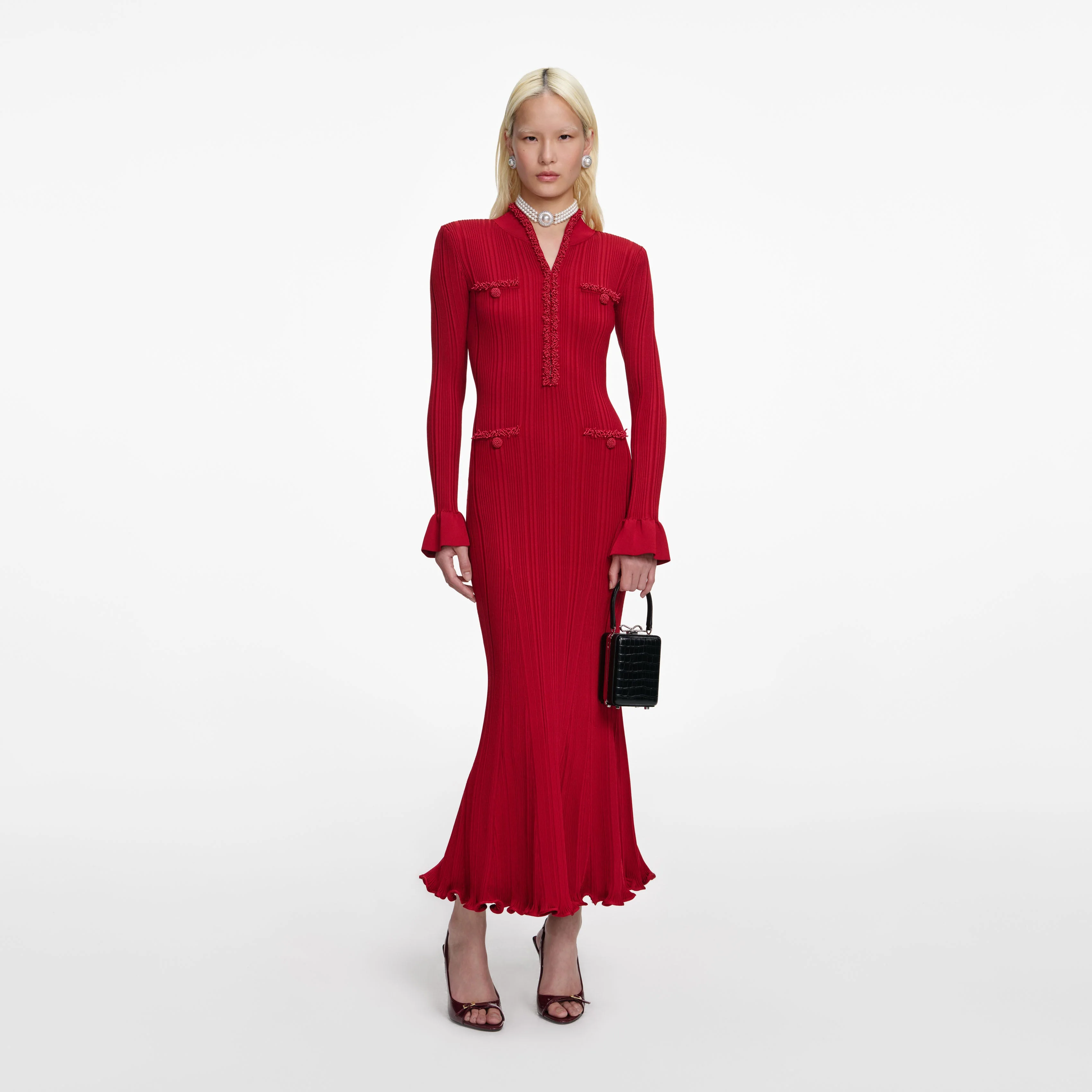 Red Pearl Trim Knit Midi Dress