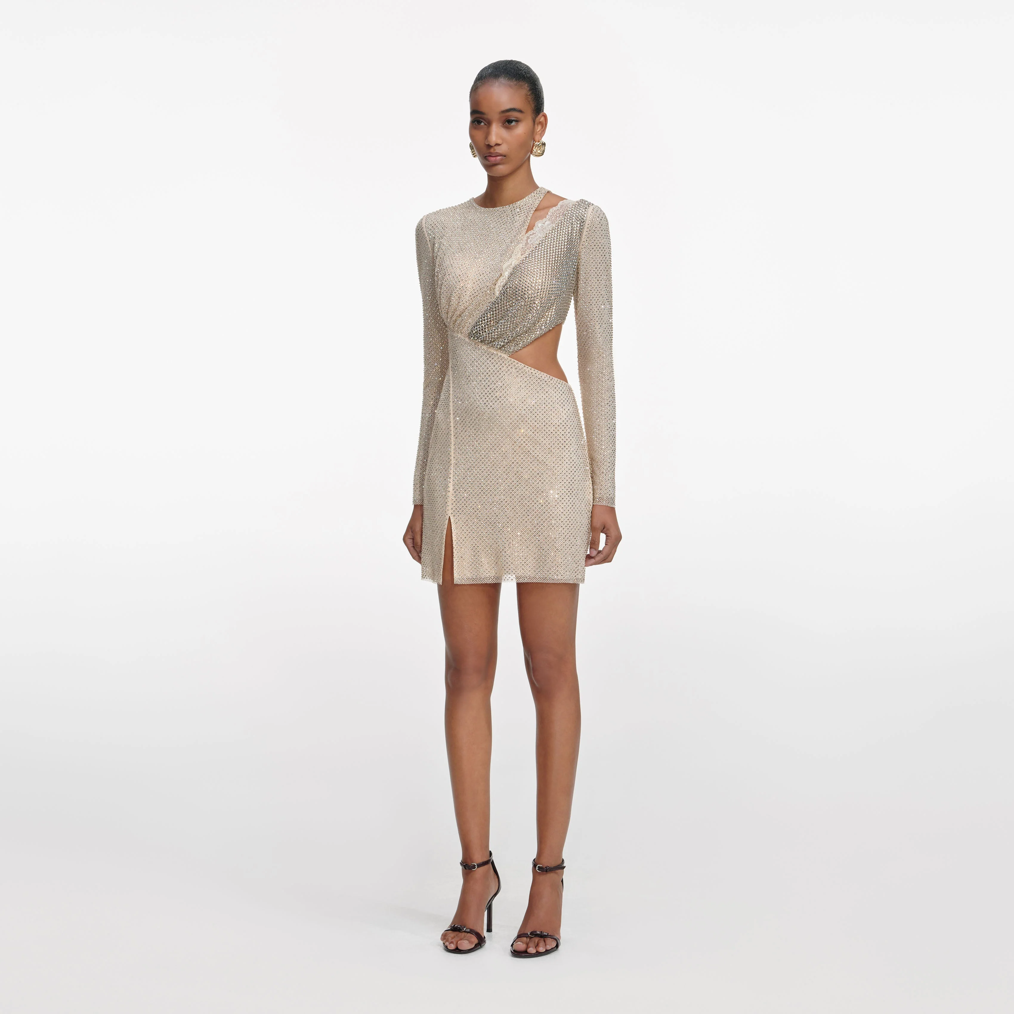 Champagne Rhinestone Lace Trim Mini Dress - Image 2