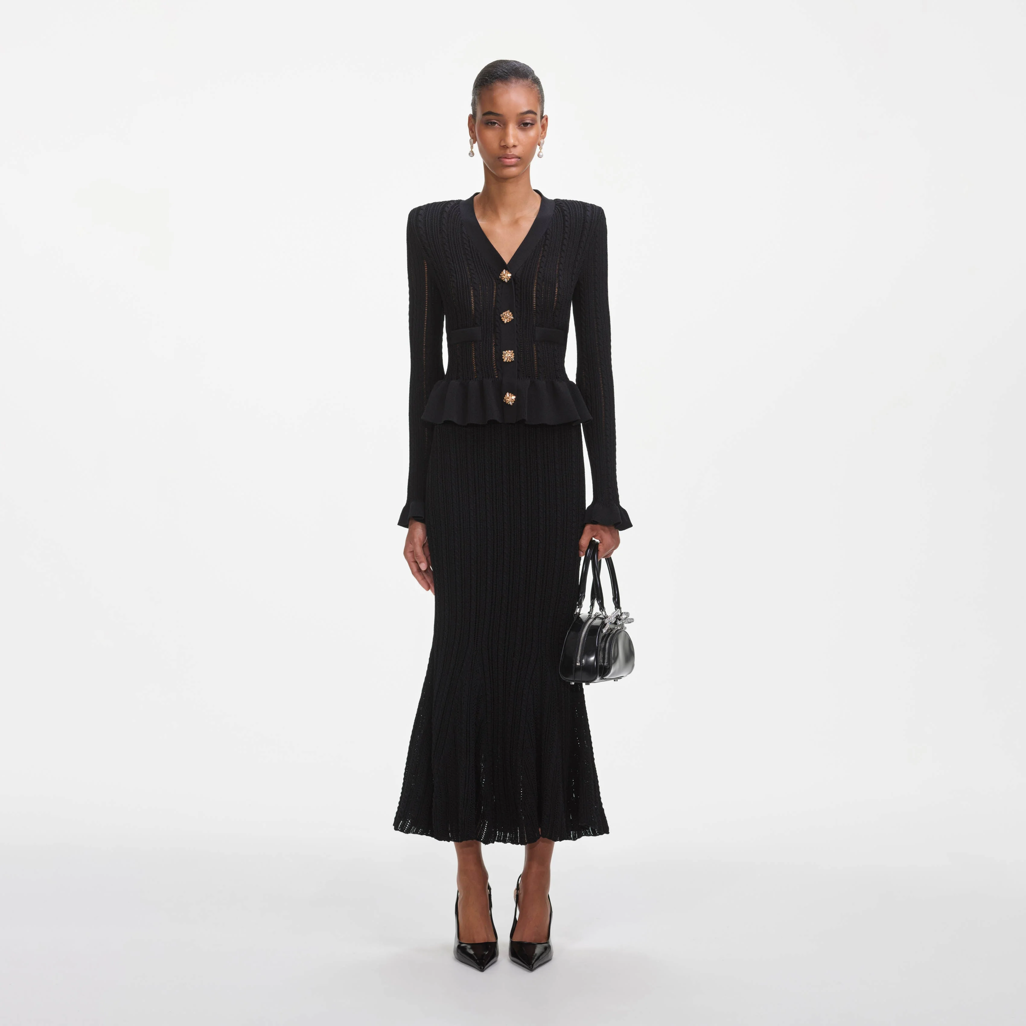 Black Knit Peplum Midi Dress