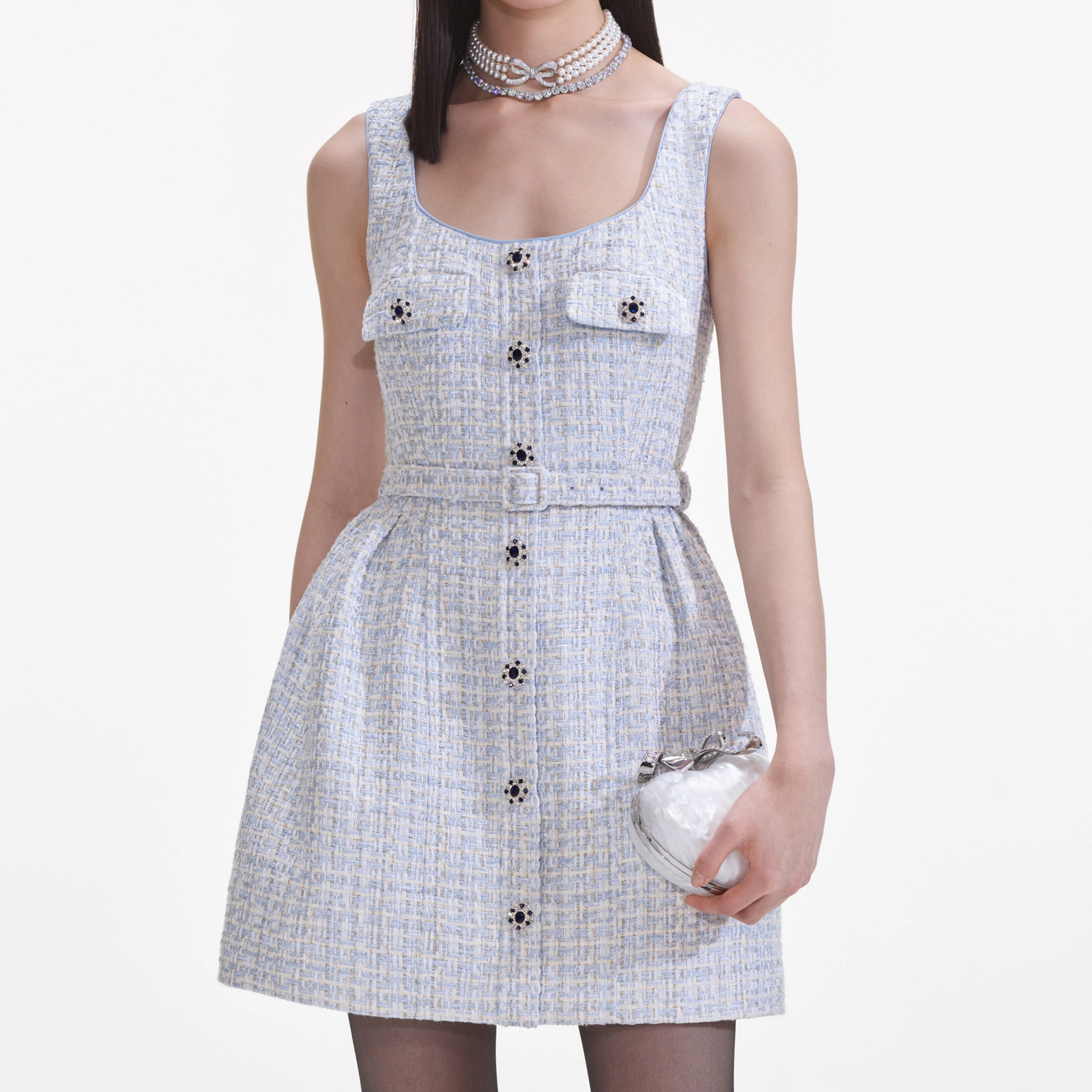 Blue Boucle Sleeveless Mini Dress - Image 4