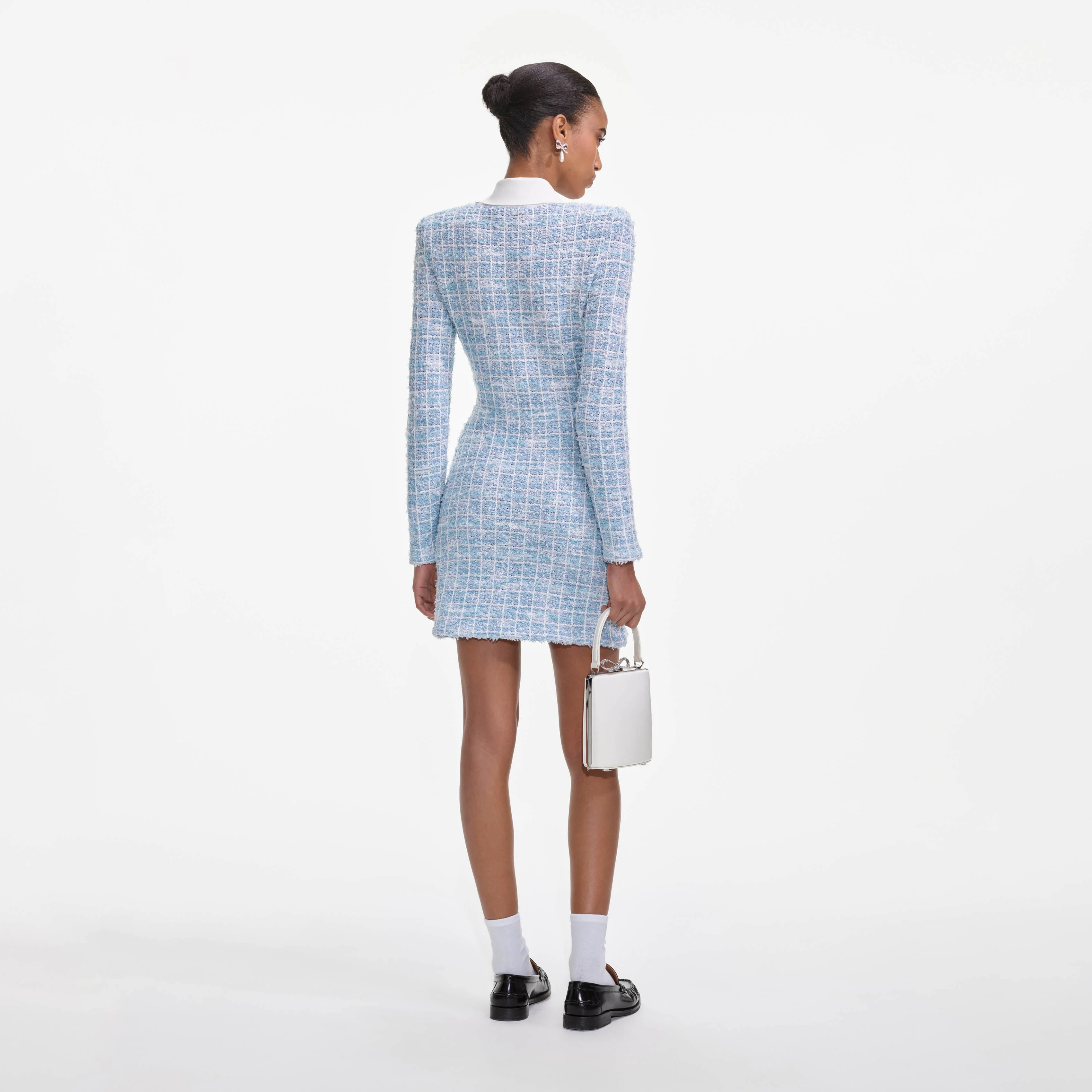 Blue Check Collared Knit Mini Dress - Image 3