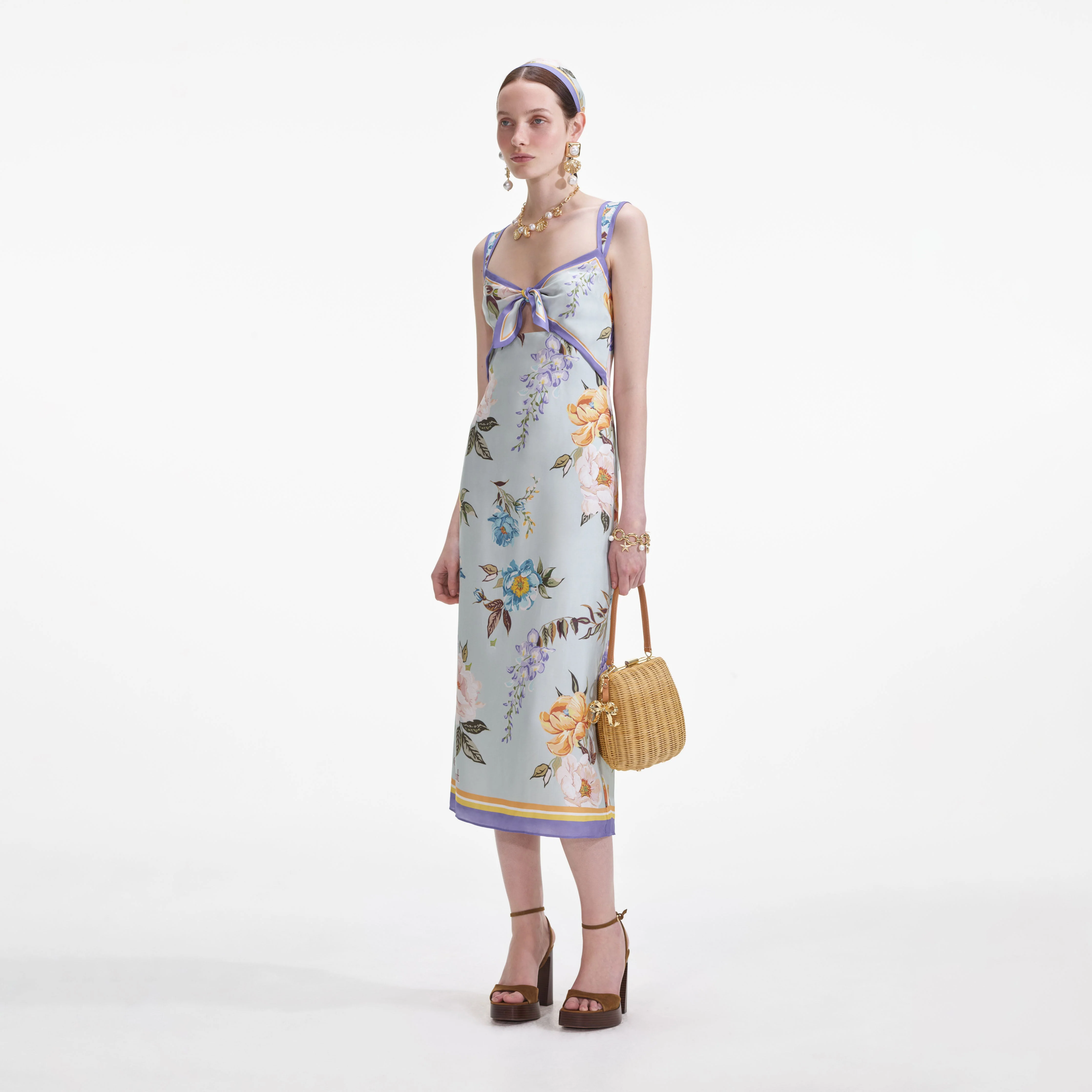 Blue Floral Silk Twill Midi Dress - Image 2
