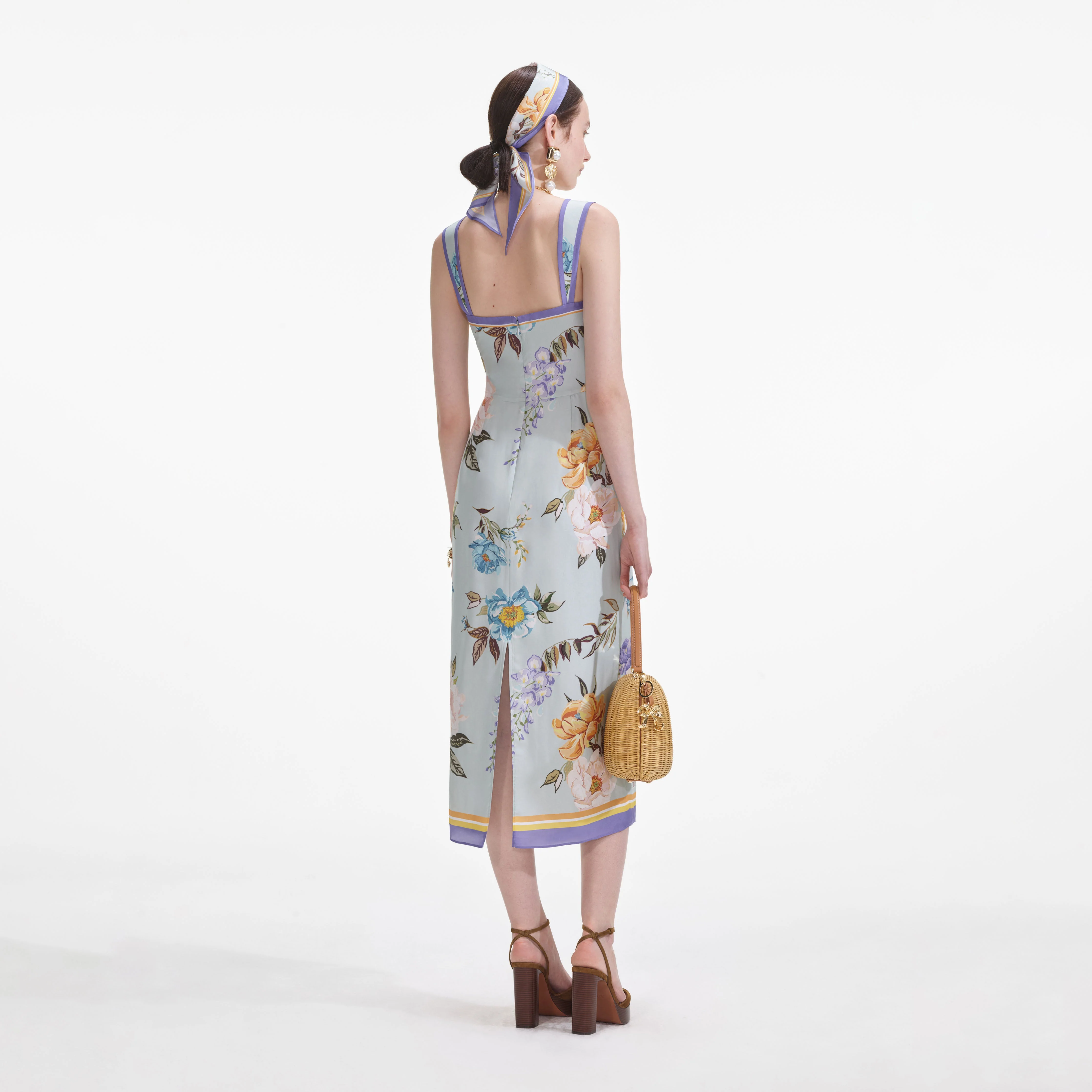 Blue Floral Silk Twill Midi Dress - Image 3