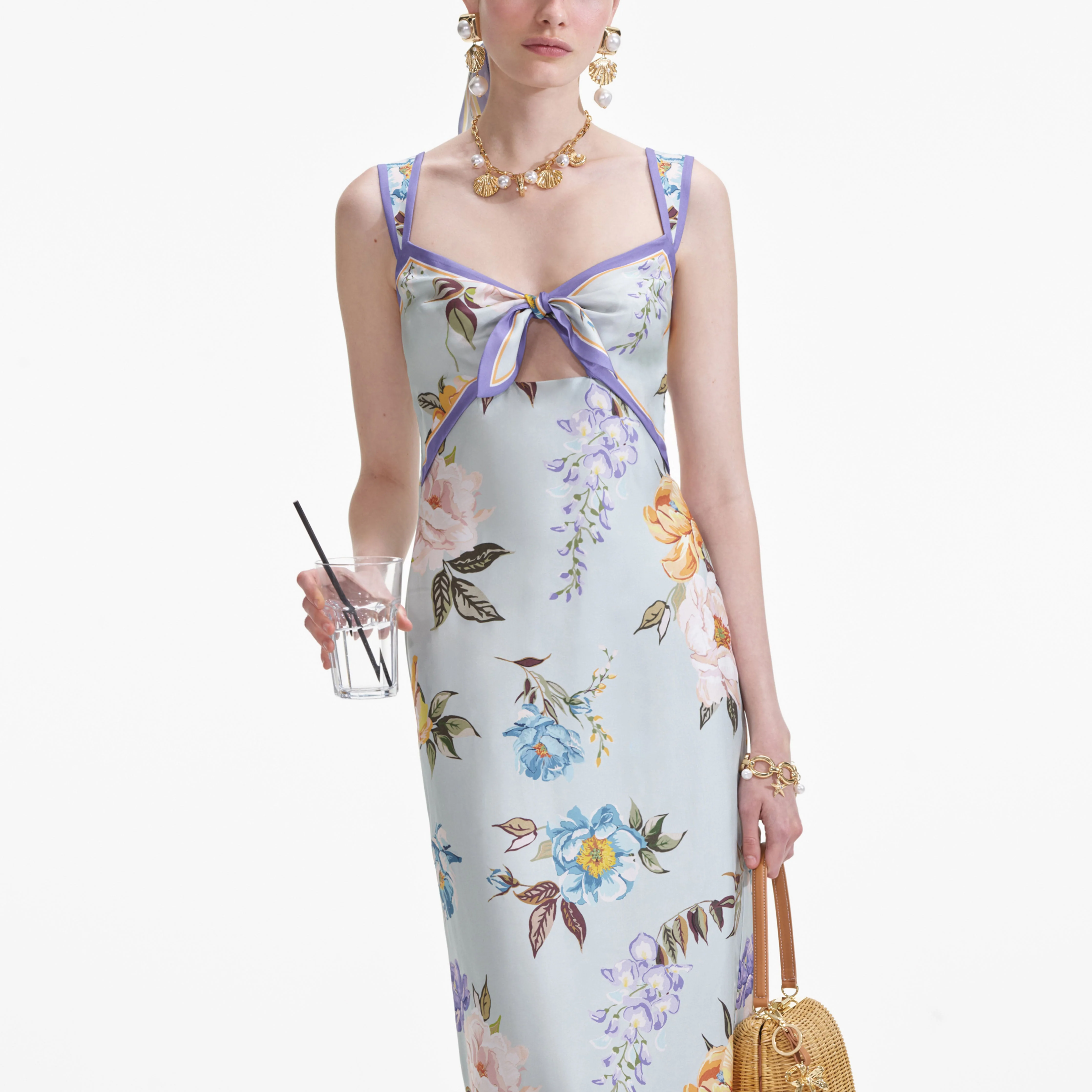 Blue Floral Silk Twill Midi Dress - Image 4