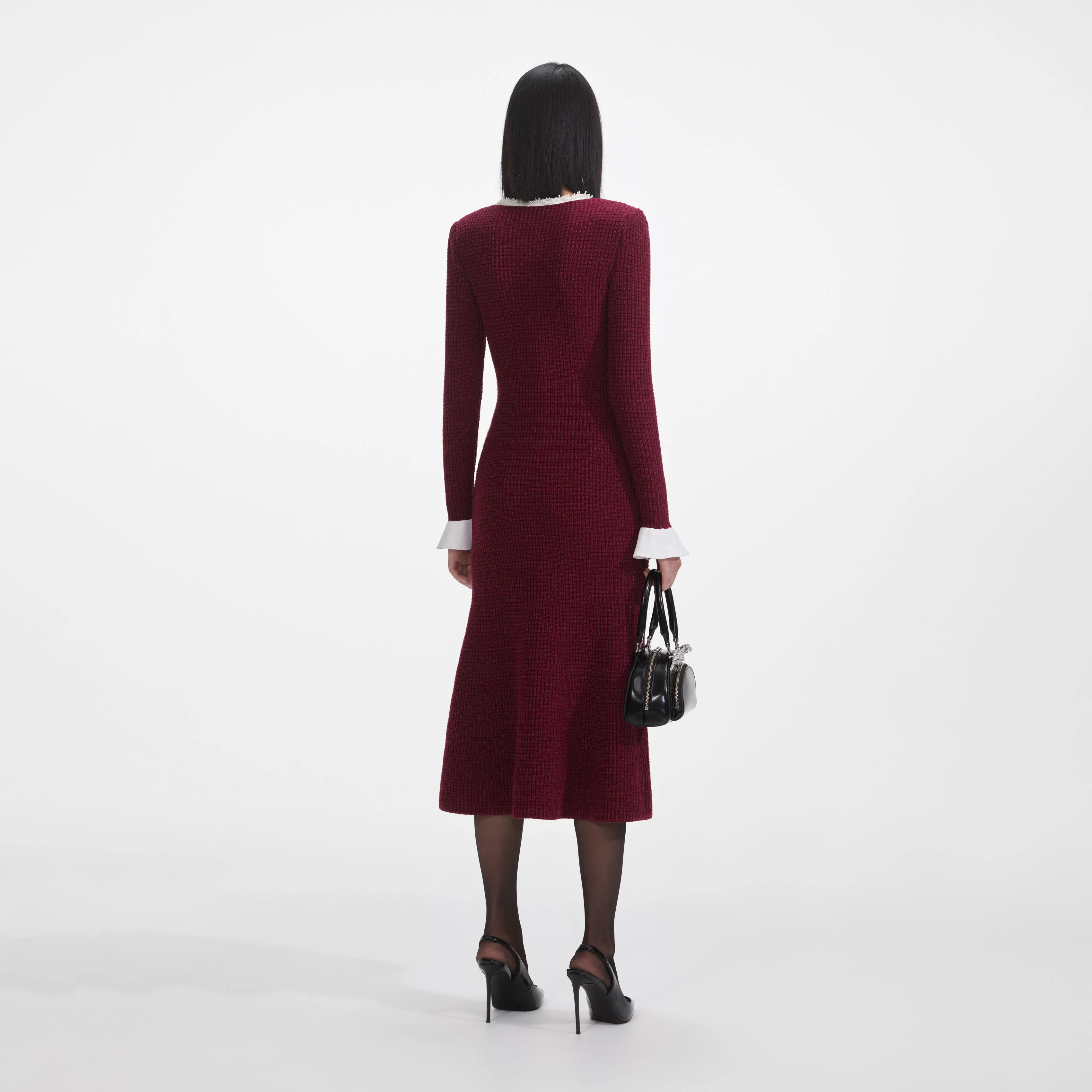 Burgundy Pearl Trim Knit Midi Dress - Image 3