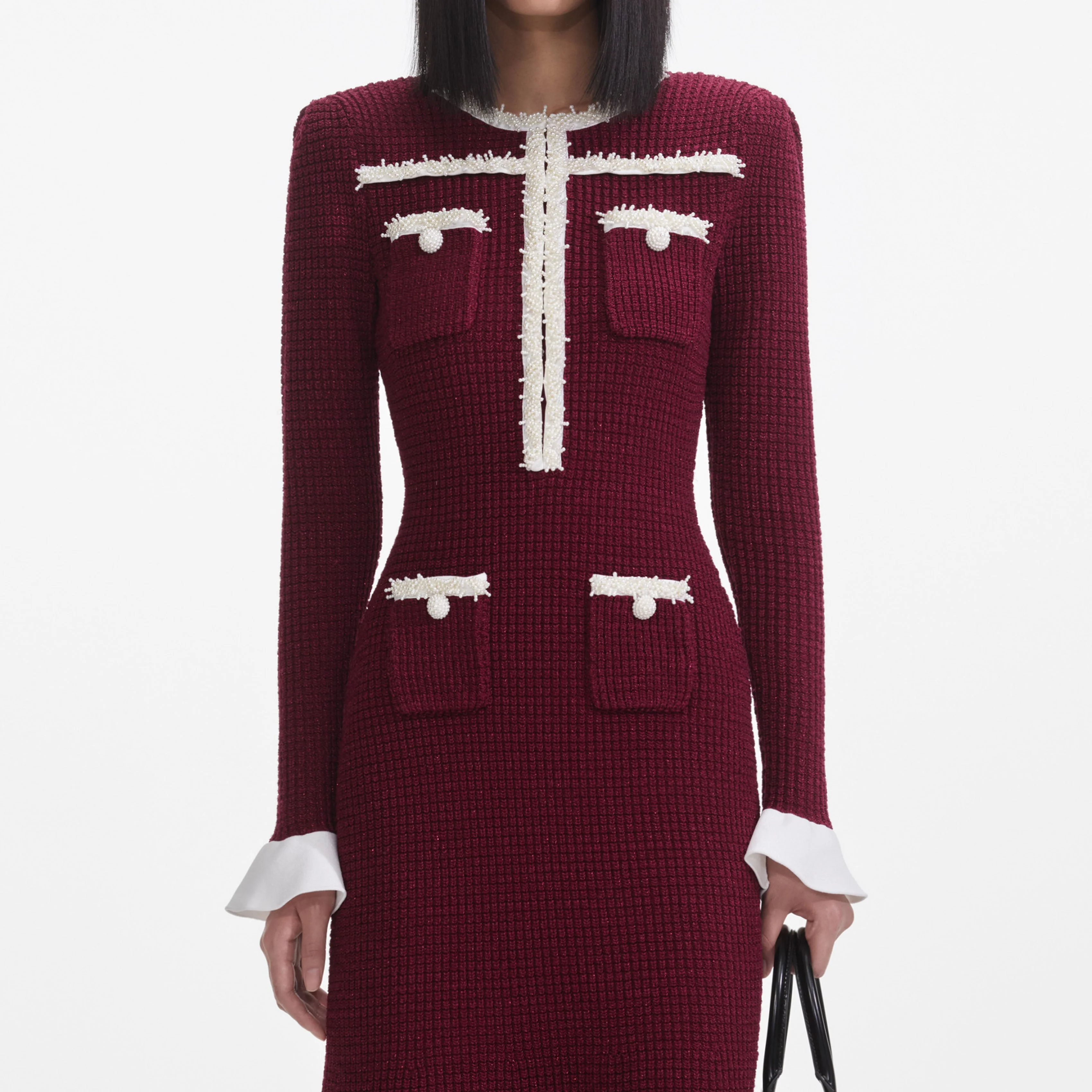 Burgundy Pearl Trim Knit Midi Dress - Image 4