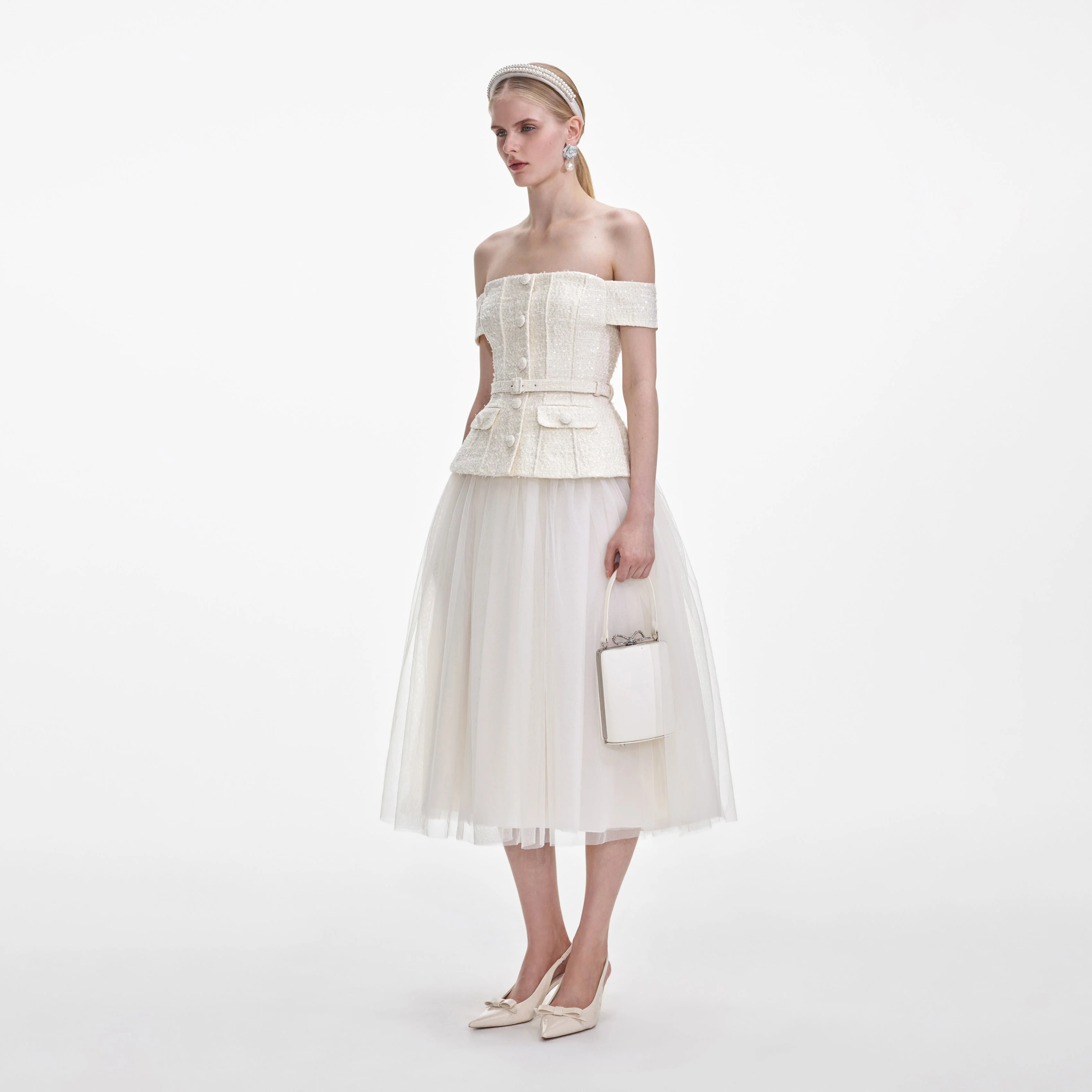 Cream Boucle Tulle Midi Dress - Image 2