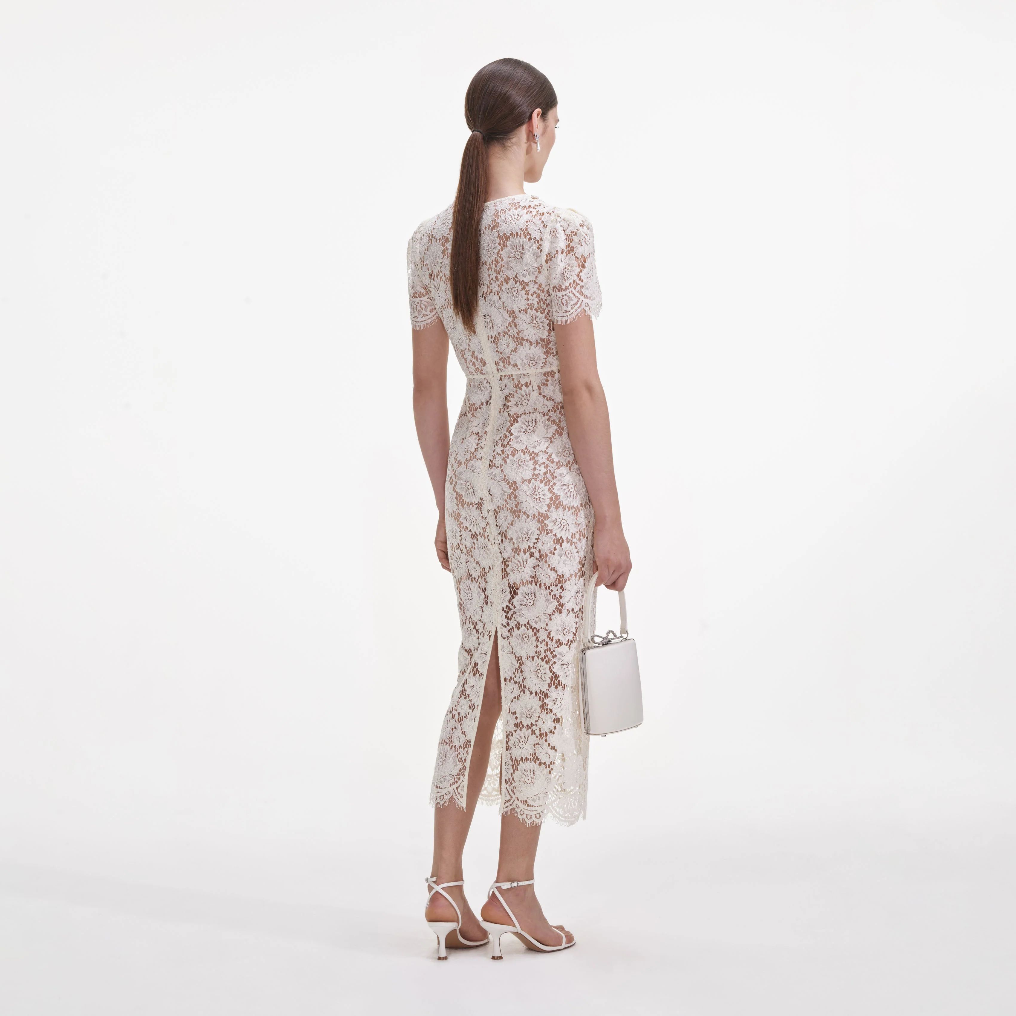 Cream Fine Lace Pearl Midi Dress - Image 3