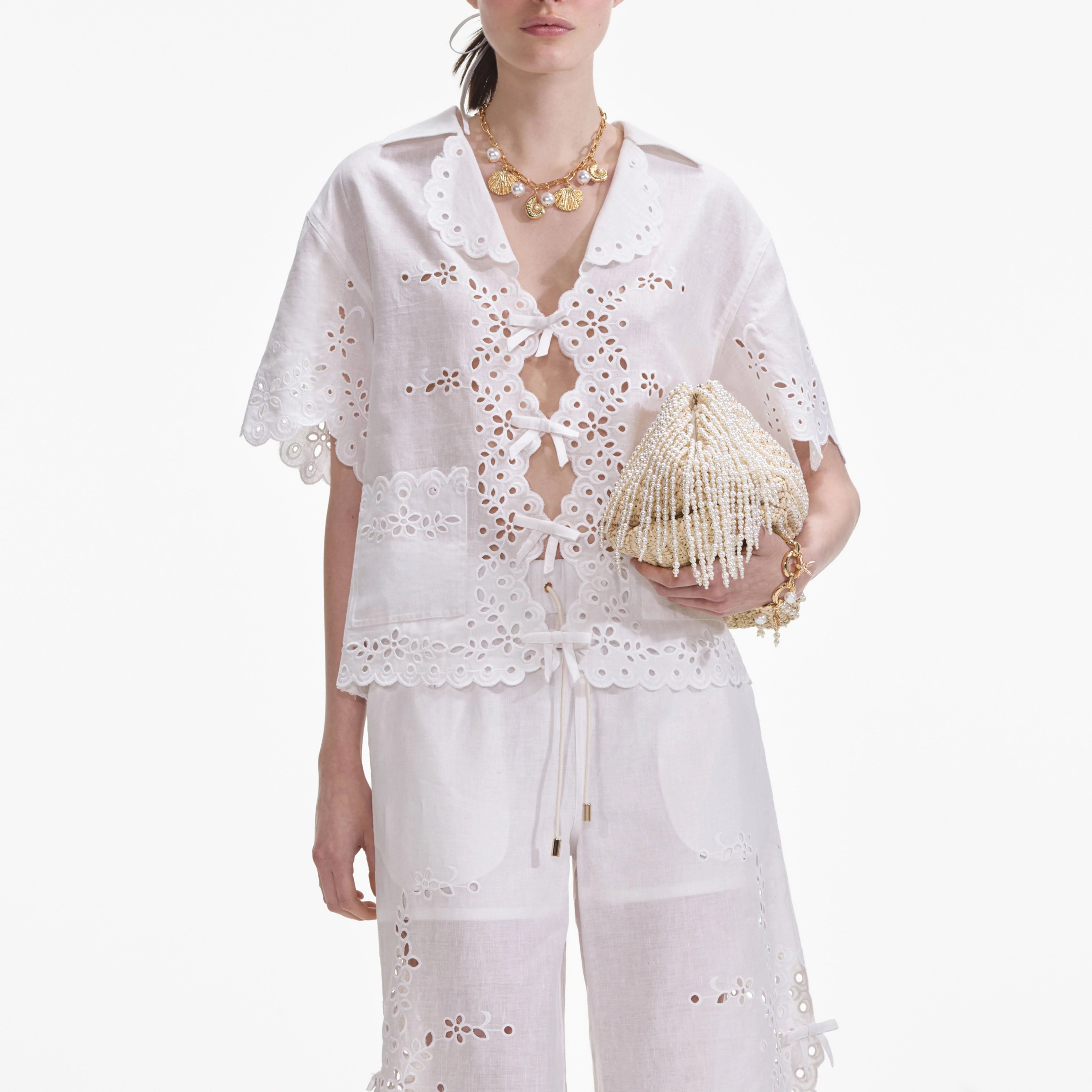 Cream Linen Embroidered Trousers - Image 4