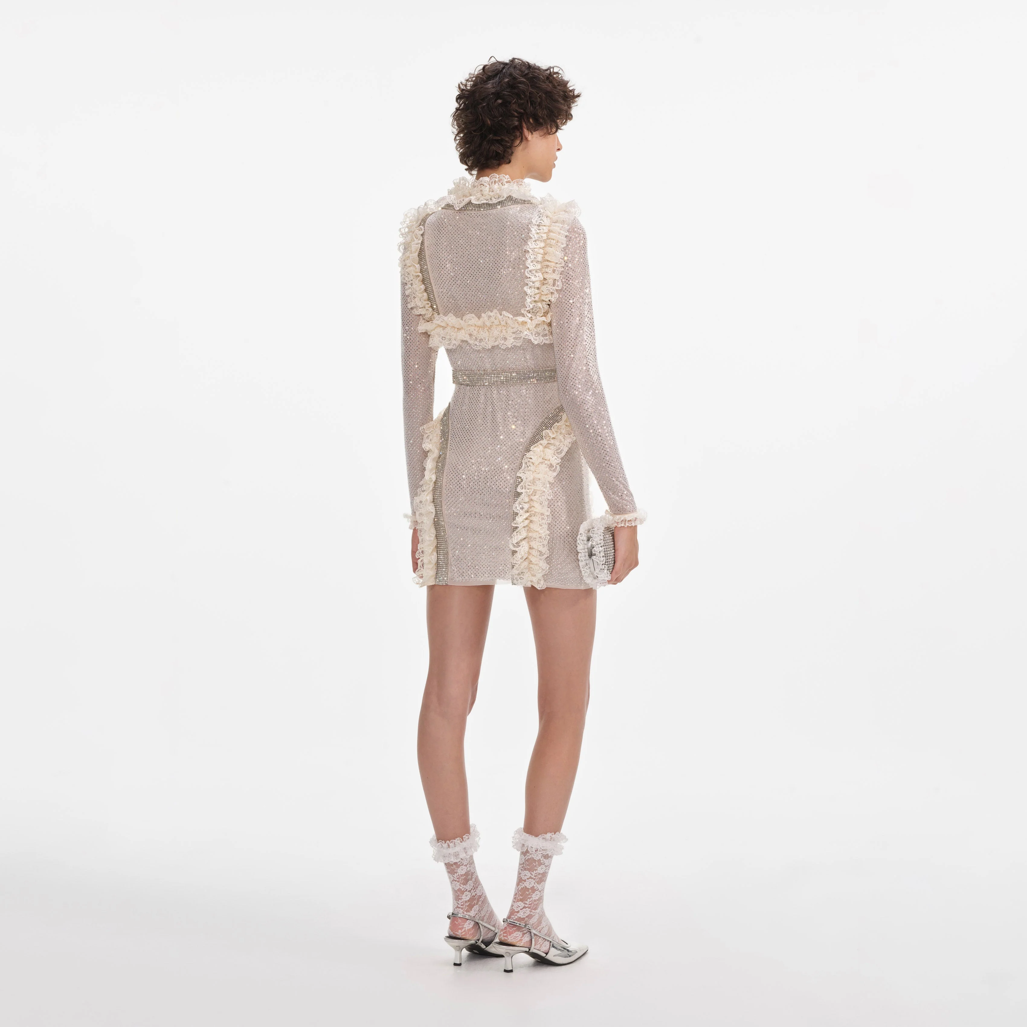 Cream Rhinestone Mesh Ruffle Mini Dress - Image 3